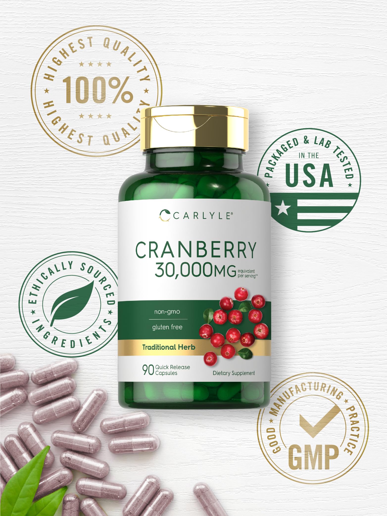 Carlyle Cranberry Supplement | 30,000mg | 90 Capsules | Non-GMO and Gluten Free Formula | Cranberry Pills from Concentrate Extract