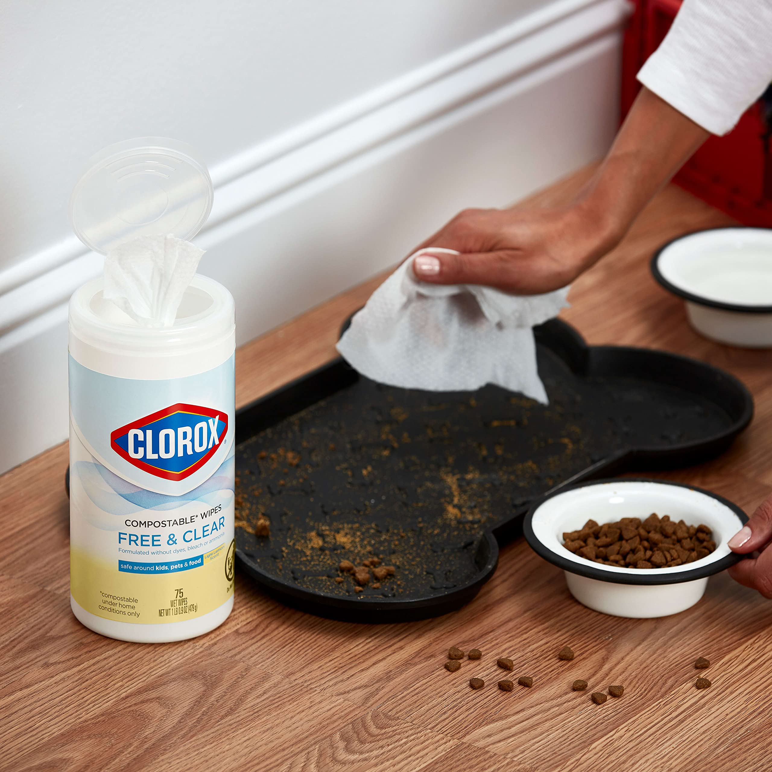 Clorox Free & Clear Compostable Cleaning Wipes, Light Lemon Scent, 75 Count, Pack of 3 (Pack May Vary)