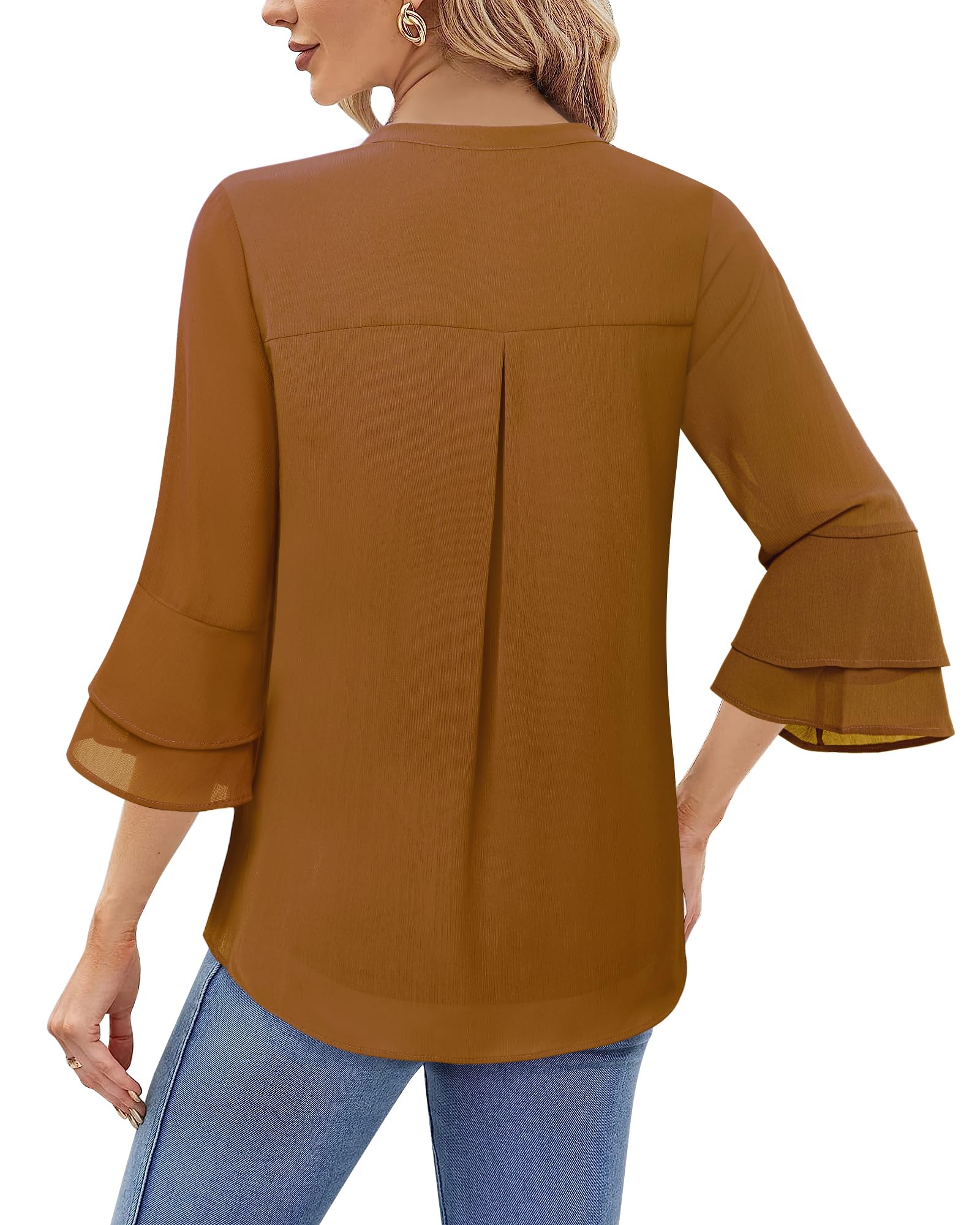 Lotusmile Casual Work Tops for Women, Ladies Chiffon 3/4 Sleeve Tops and Blouses for Fall Tunic Length Notch V Neck Top Work Outfits for Women Office (Marmalade, M)