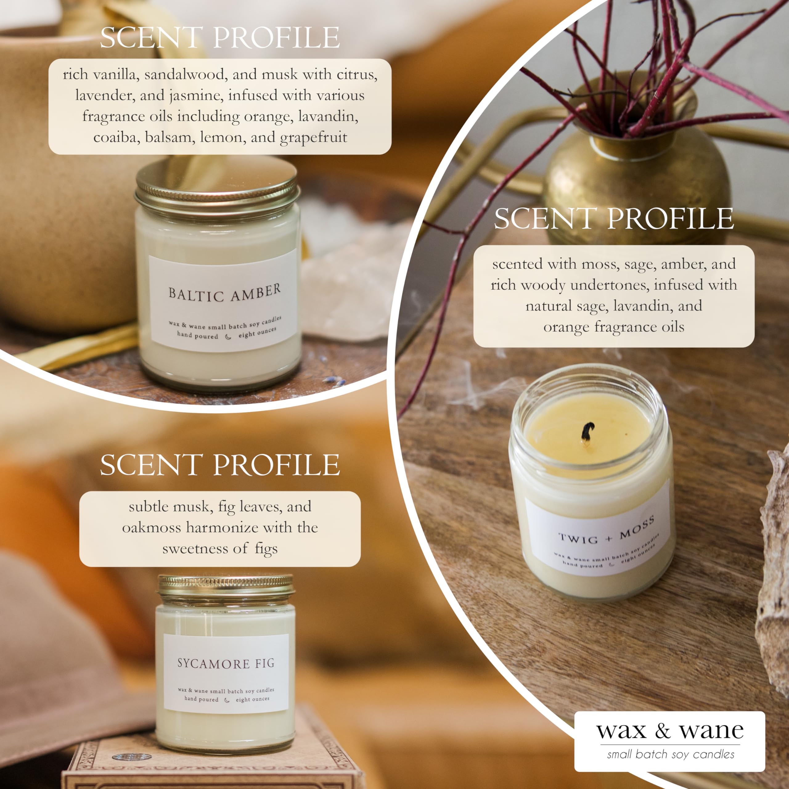 Wax & Wane Signature Line Scented Candle Set of 3-4oz Handmade Candles For Men and Women - Long Burning 25+ Hours Candles For Home, Bedroom, and Bathroom - 100% Natural Soy Candles Made in the USA