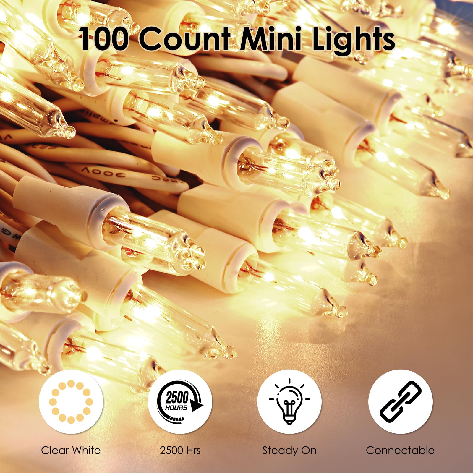 Meteds Christmas Lights 100 Count Clear Mini Lights White Wire UL Certified Connectable Warm White String Lights for Christmas Tree,Garland,Home,Patio, Wedding,Party,Festival Decor