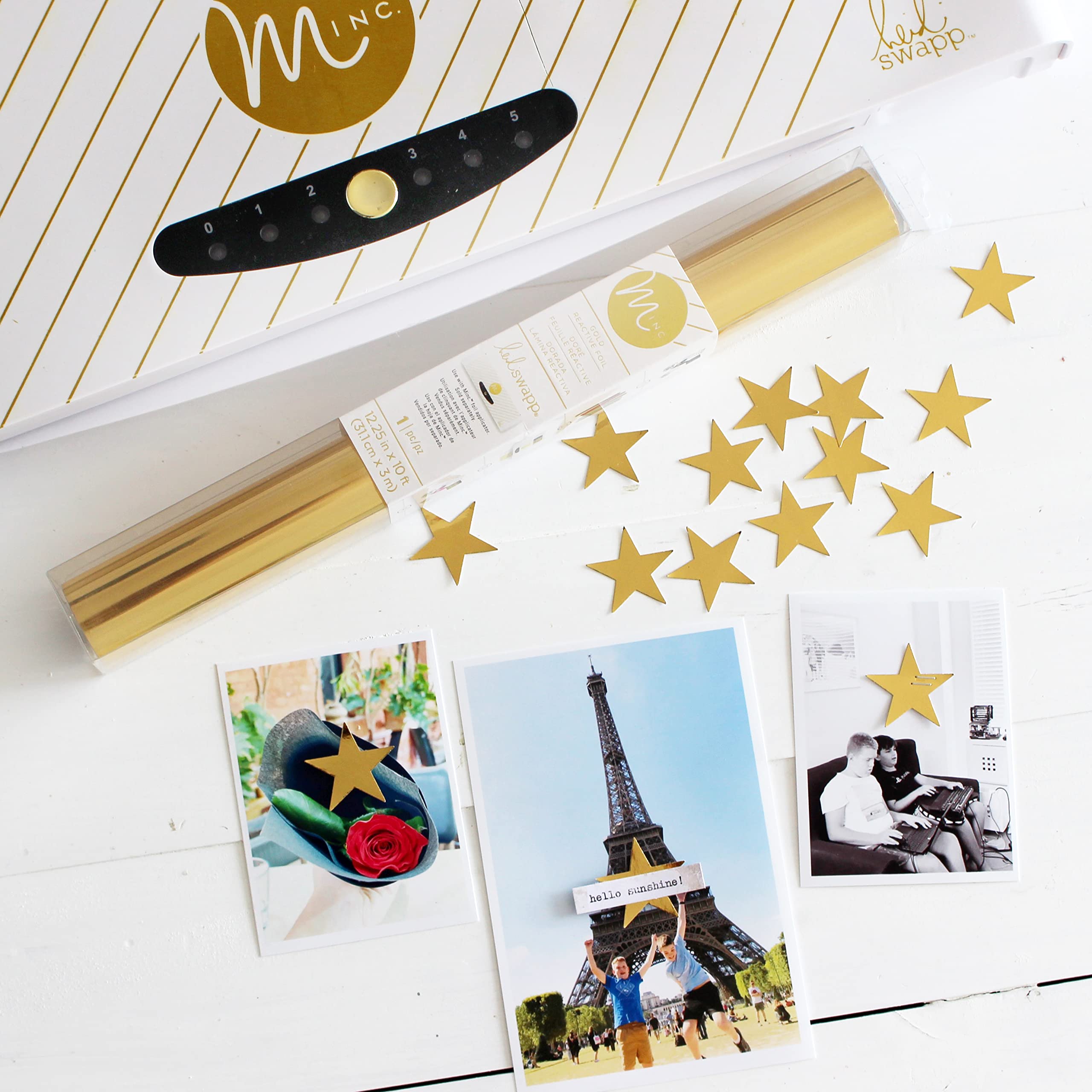Heidi Swapp Minc Wheel Foiling Machine Laminator Applicator & Starter Kit,12 inch, White, Includes Transfer Folder, Gold Foil Sheet and 3 Tags, Make Cards, Invitations, and More