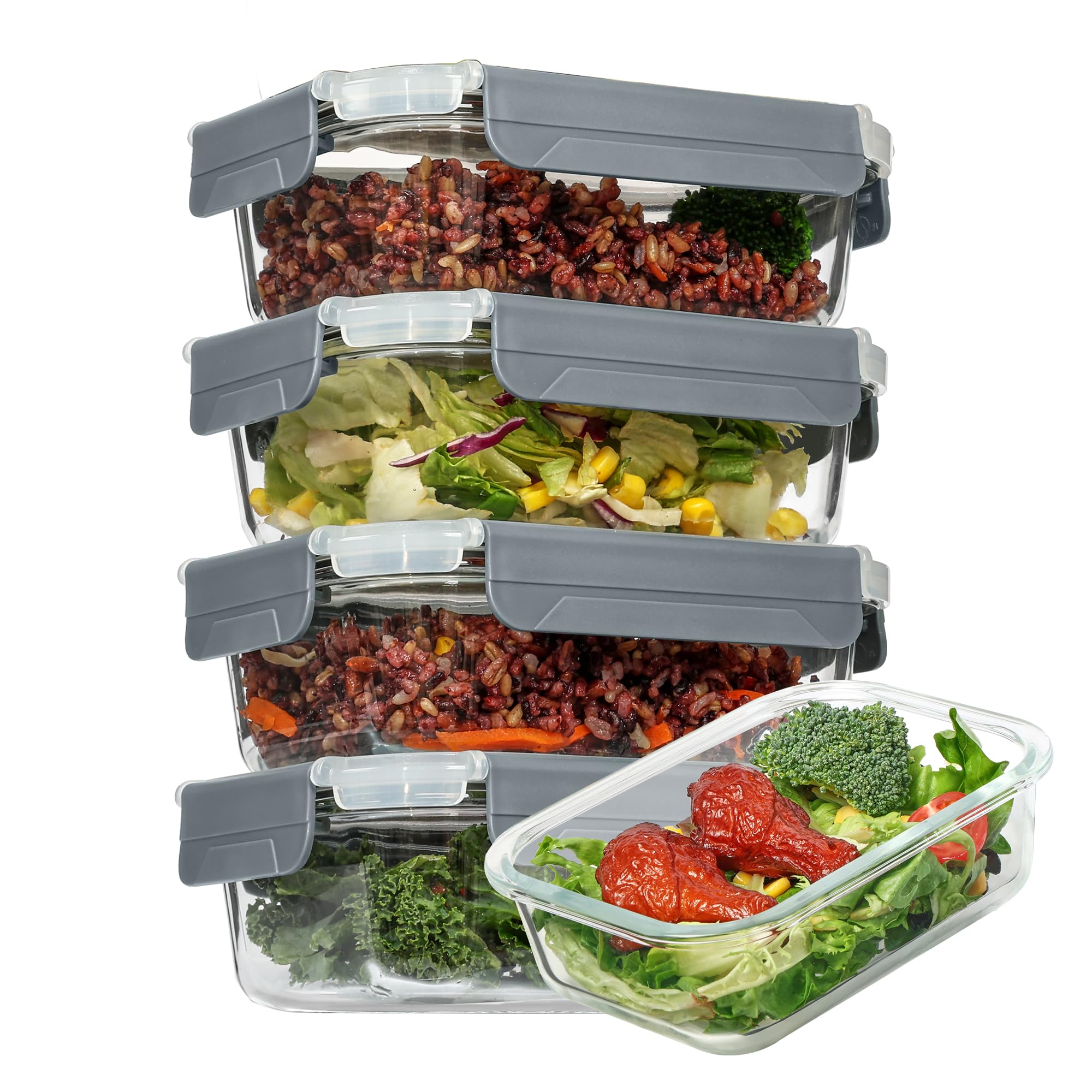 Vtopmart 5 Pack 22oz Glass Food Storage Containers with Lids, Meal Prep Containers, Airtight Lunch Containers Bento Boxes with Snap Locking Lids for Microwave, Oven, Freezer and Dishwasher