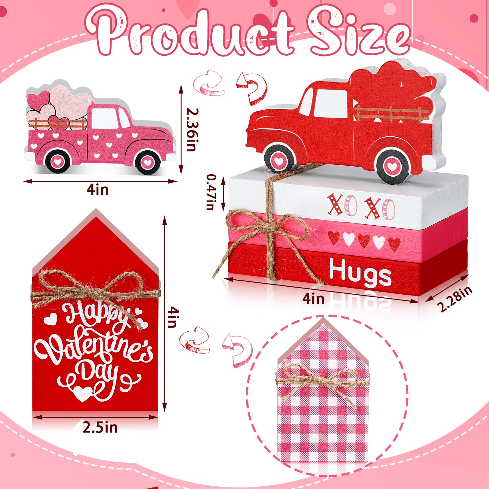 5 Pieces Valentine's Day Tiered Tray Decorations 3 Faux Books Bundle with Twine Red Truck and Valentine House Sign Valentine Truck Sign Valentine's Day Table Decor for Bookshelf Table (Heart)