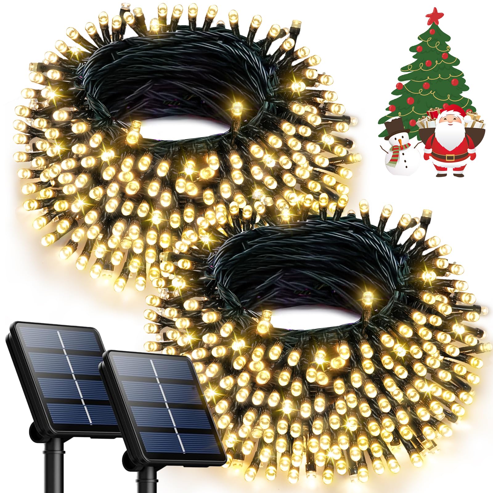 Solar Christmas Lights Outdoor, 2PK 240LED 95FT Solar String Lights Outdoor Waterproof, Green Wire Solar Christmas Tree Lights with 8 Lighting Modes For Party Garden Christmas Decorations (Warm White)