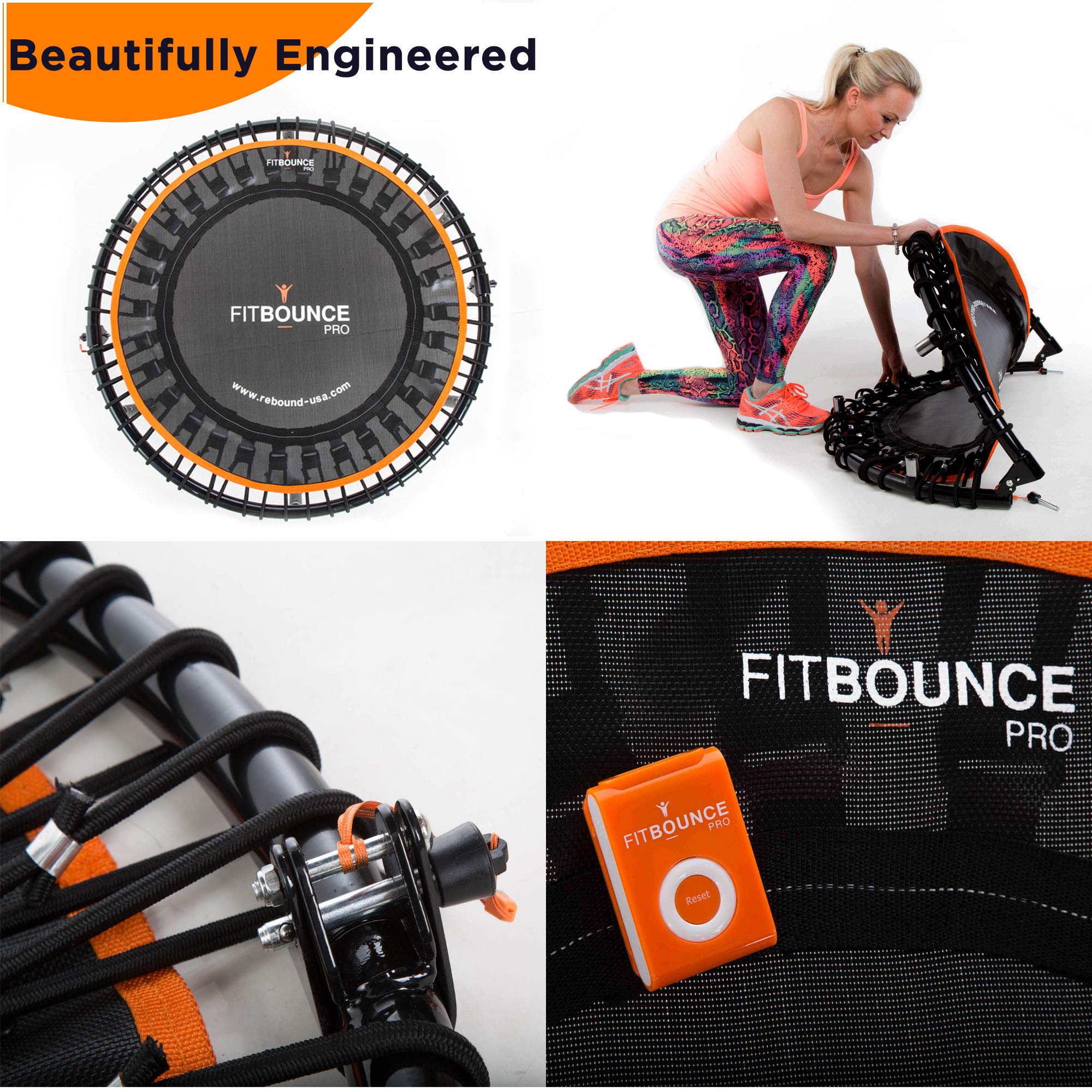 FIT Bounce PRO USA Bungee Rebounder | Assembled | Half Folding | Silent & Beautifully Designed Pro Indoor Mini Trampoline for Adults & Kids | DVD & Online Workouts,Storage Bag & Bounce Counter