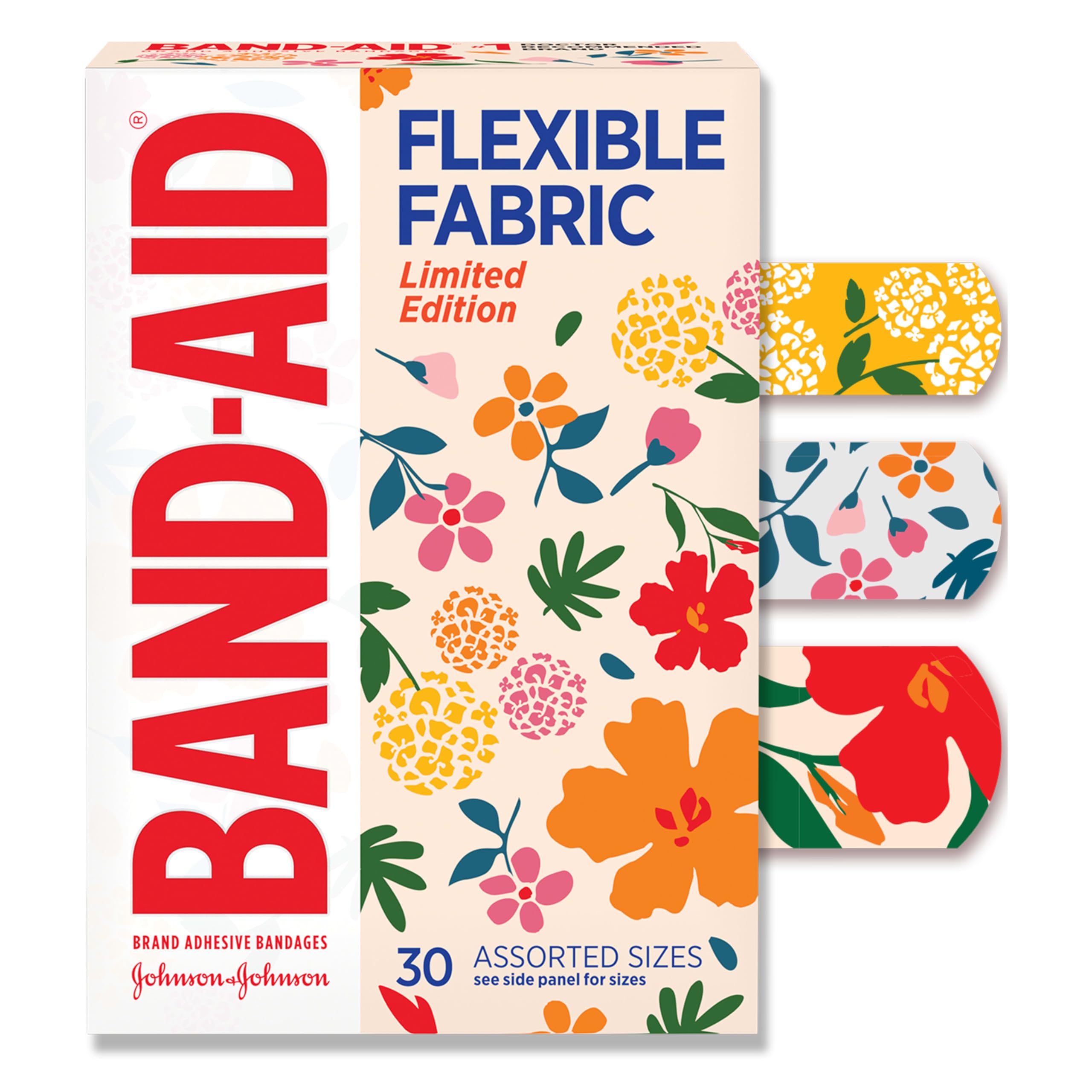 Band-Aid Brand Flexible Fabric Adhesive Bandages, Comfortable Flexible Protection & Wound Care for Minor Cuts & Scrapes, First Aid Bandage with a Wildflower Design, Assorted Sizes, 30 ct