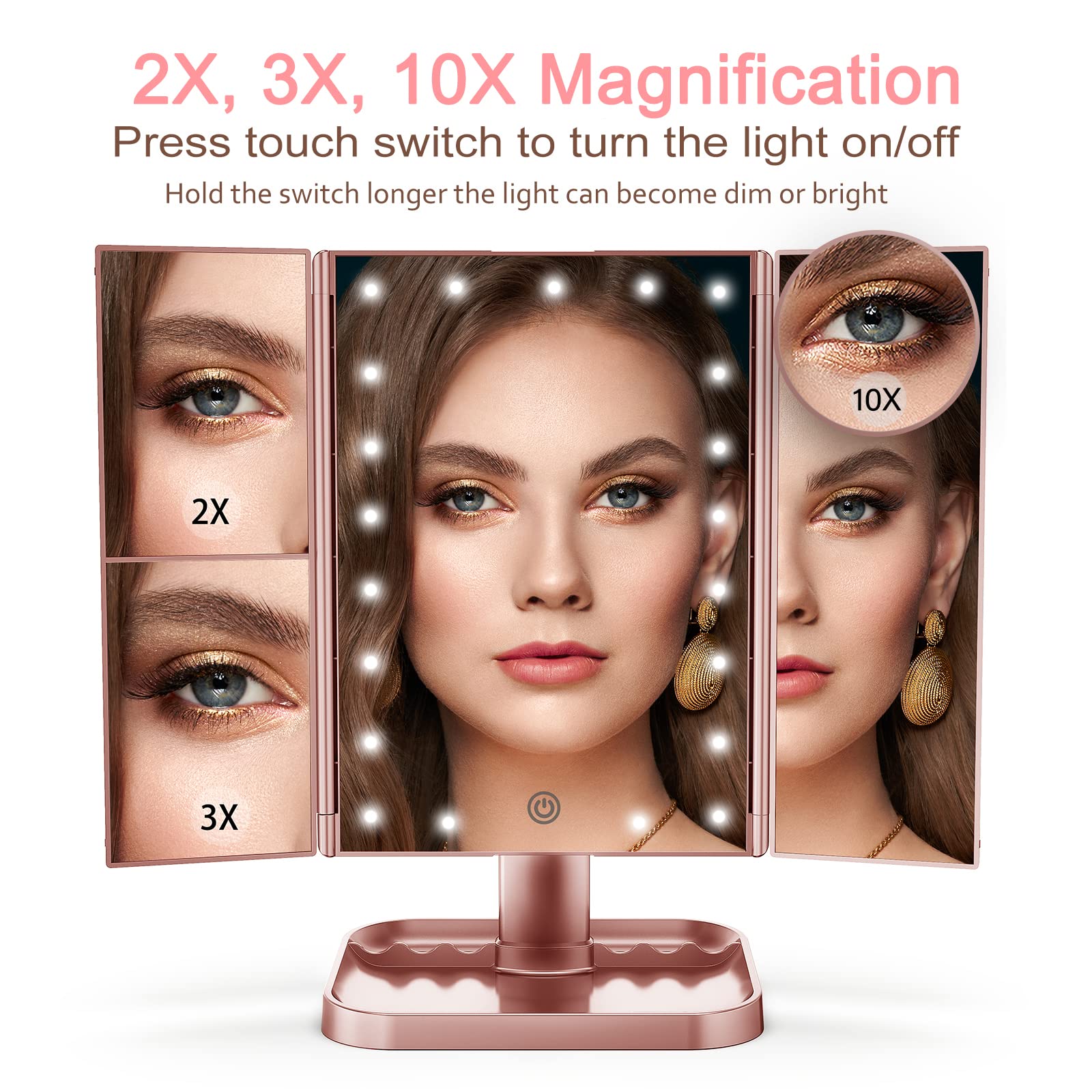 HUONUL Makeup Mirror Vanity Mirror with Lights, 2X 3X 10X Magnification, Lighted Makeup Mirror, Touch Control, Trifold Makeup Mirror, Dual Power Supply, Portable LED Mirror, Women Gift (Rose Gold)