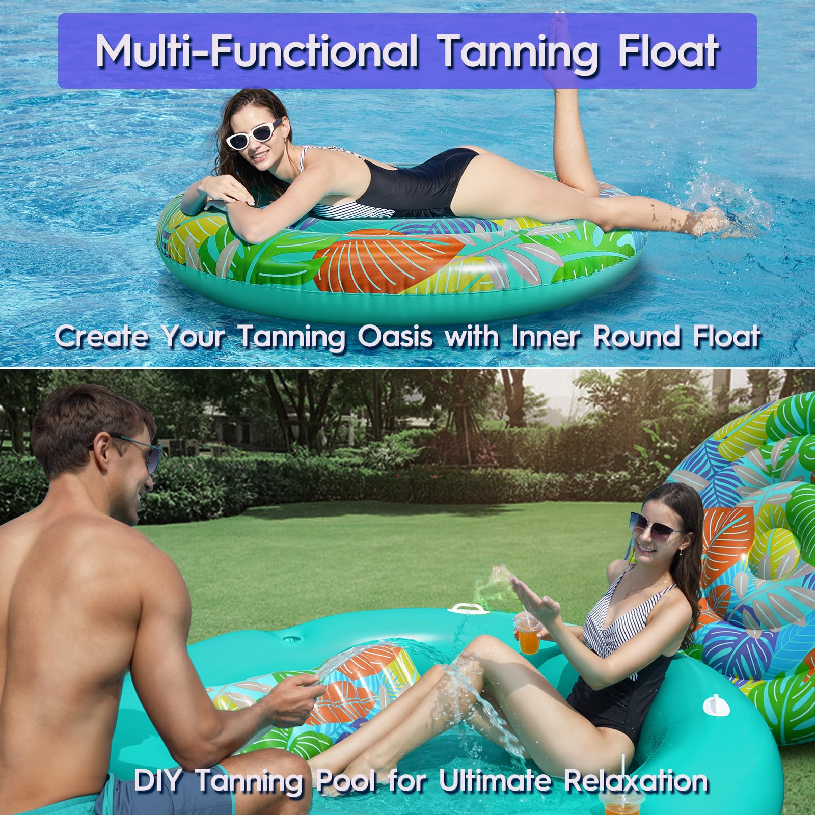 CALOBANA Heavy Duty Tanning Pool Lounger Float with Removable Base, 77'' x 77'' Extra Large Suntan Tub Pool Floats Adults Water Toys for Party Inflatable Round Float for Backyard, Swimming Pool