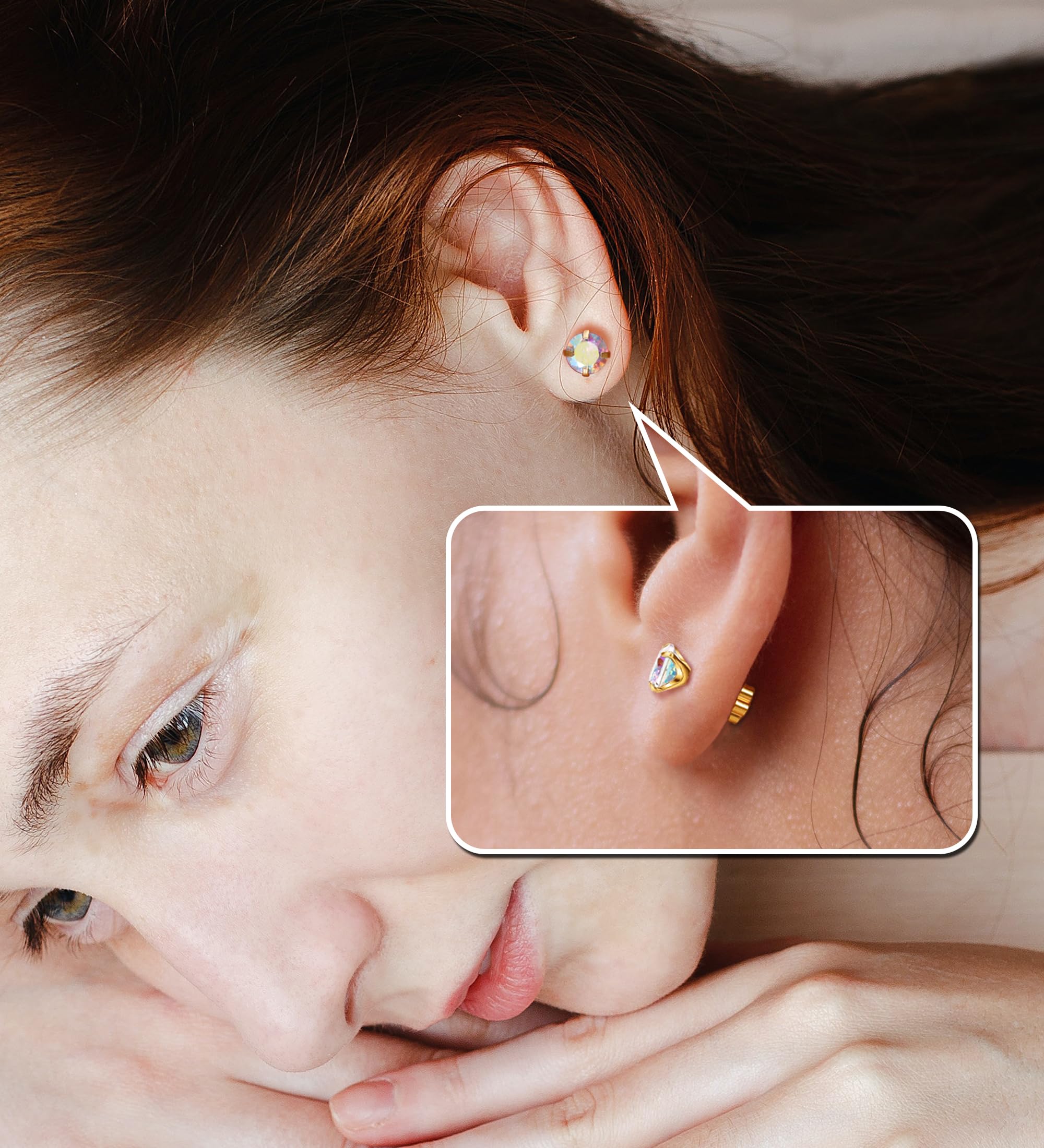 Enticera 4Pairs AB CZ Earrings Studs 14K Gold Flat Back Cubic Zirconia Earrings for Helix Cartilage Piercing Hypoallergenic Screw Back Nap Earrings Handmade Earrings for Women Multiple Piercin Gold6-9