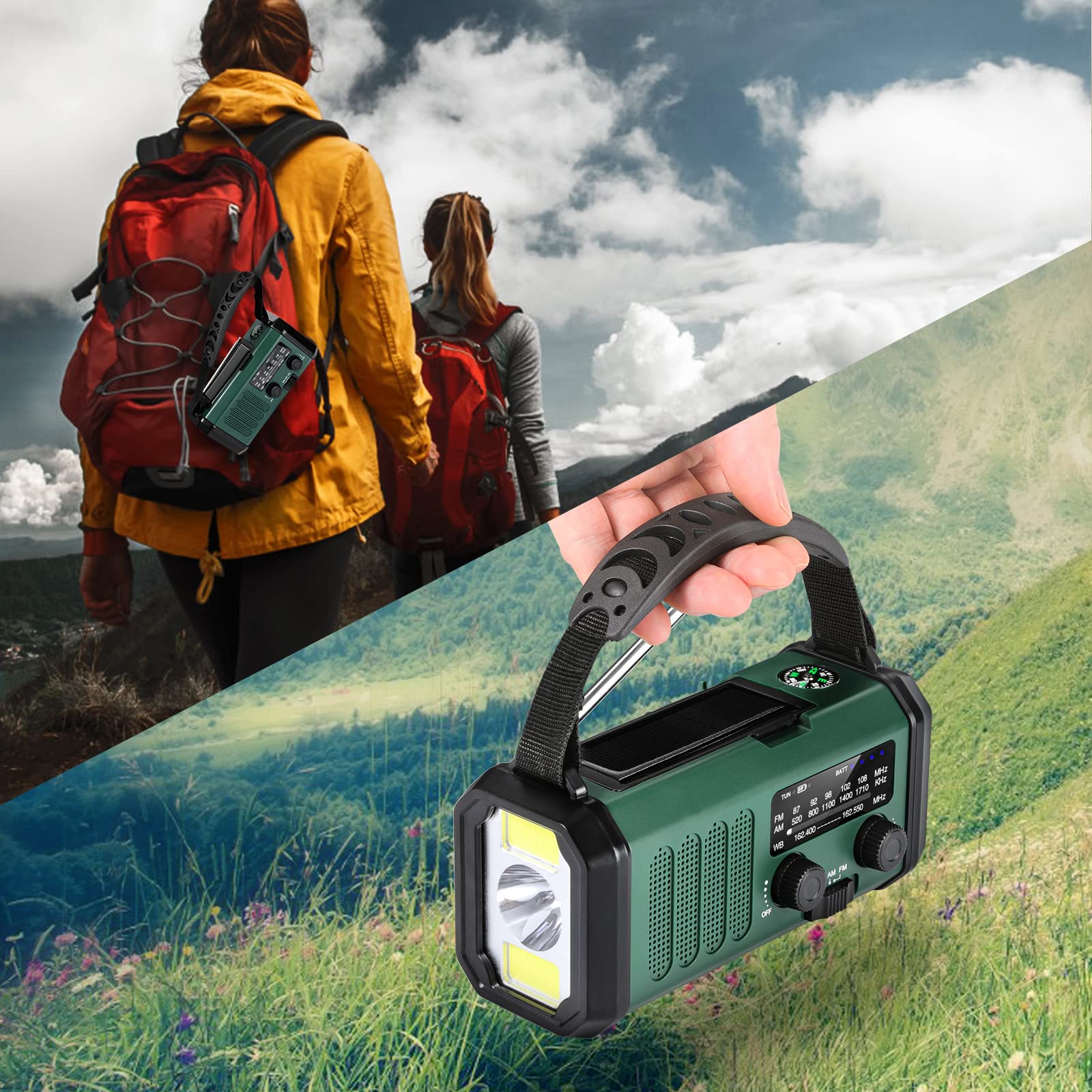 10000mAh Crank Radio, Emergency Radio, Solar Radio, NOAA/AM/FM Weather Radio, USB Type-C Charging, Dynamo Radio, Polymer Battery, Torch & LED Reading Light, SOS Alarm, Compass for Camping green