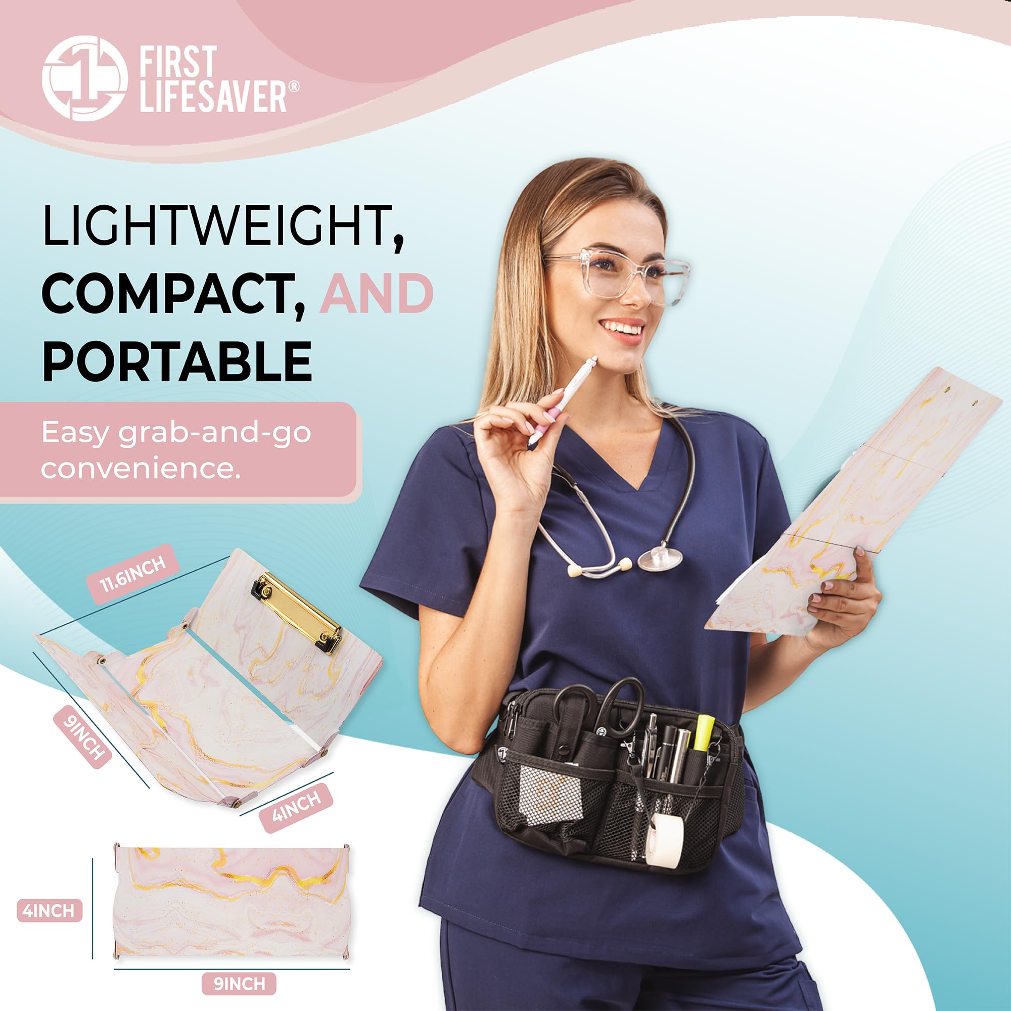 First Lifesaver Nursing Clipboard 3 Layers Aluminum Foldable Nurse Clipboards for Nurses, Nursing Students and Doctors (Pink Marble)