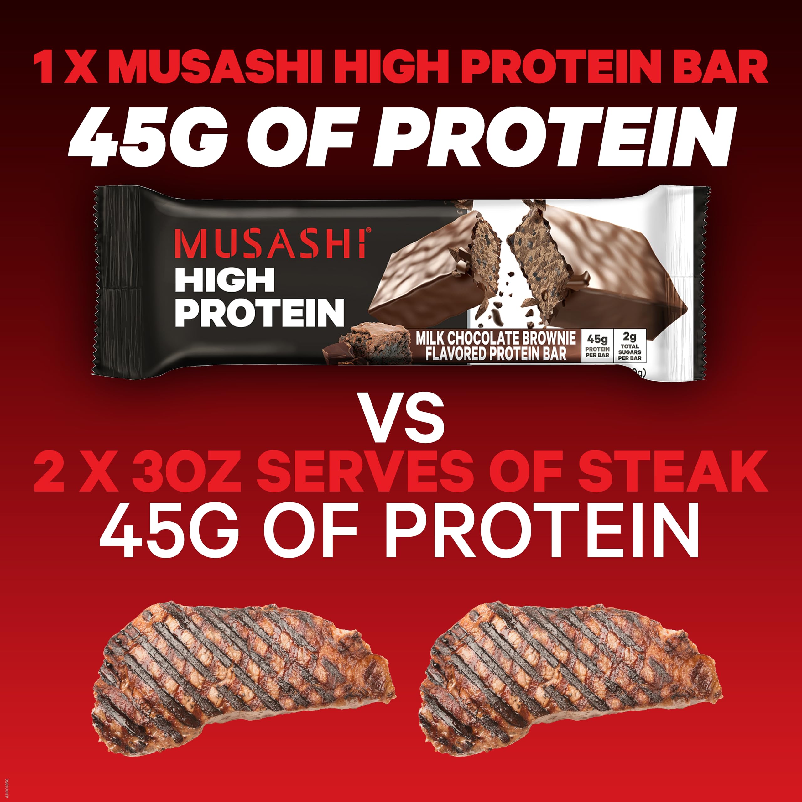 MUSASHI High Protein Bar, 45g Protein, 2g Total Sugars, Milk Chocolate Brownie, Post Workout and Protein Snack On The Go, 12 Pack of 3.2oz (90g) Bars