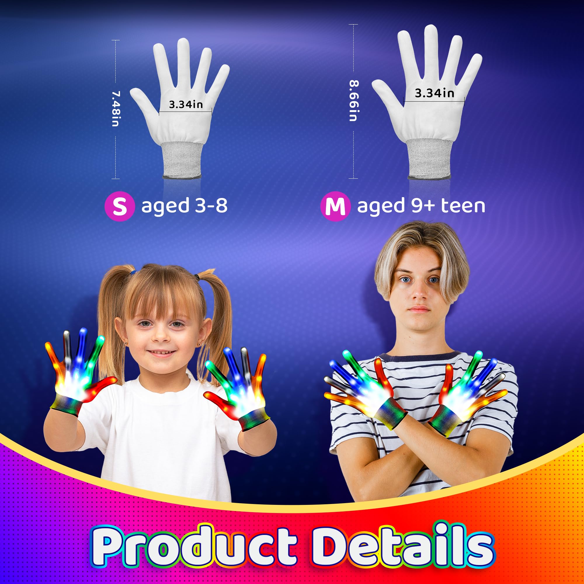 2 Pair LED Gloves Light Up Gloves for Kids with 6 Flash Modes, Gifts for 3 4 5 6 7 8 9 10 11 12 Year Old Boys Girls for Birthdays Party Halloween Christmas Toys for 3-12 Year Old Boys Girls S