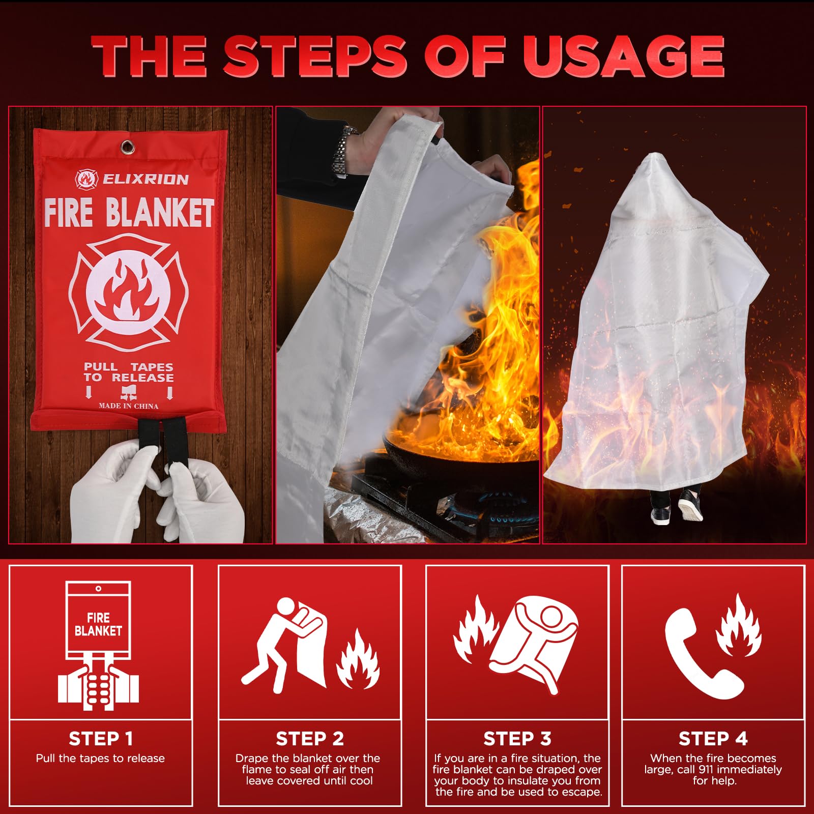 ELIXRION Emergency Fire Blanket 4 Pcs, 40" x 40" Fiberglass Suppression Blanket Portable Fire Extinguisher Blanket for Kitchen, Retardant Protection Emergency Safety Blanket for Home Car and Camping