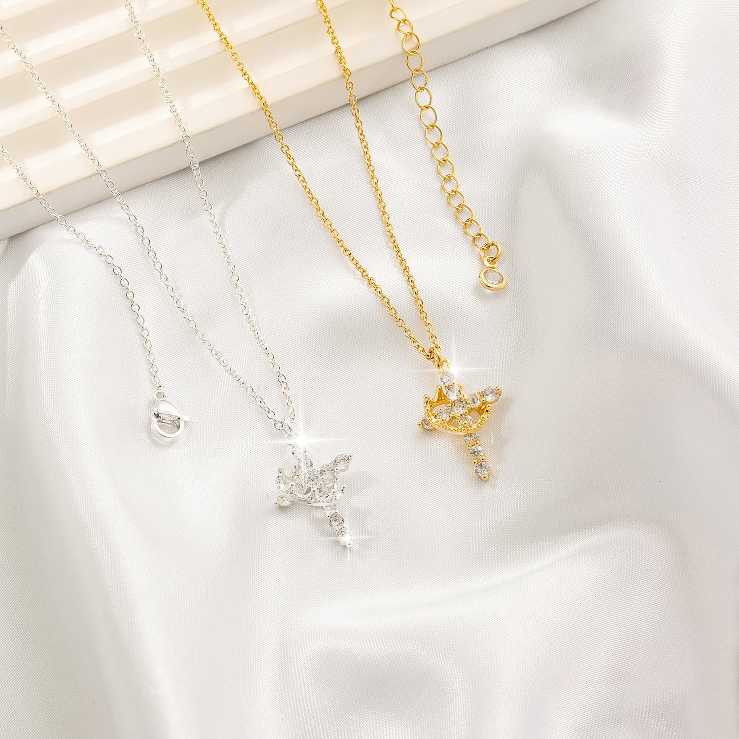 Tewiky Crown Cross Necklace for women-Dainty 14k Gold Cubic Zirconia Pendant Necklaces Simple Gold Cross Pendant Necklace Cute Tiny Gold Jewelry