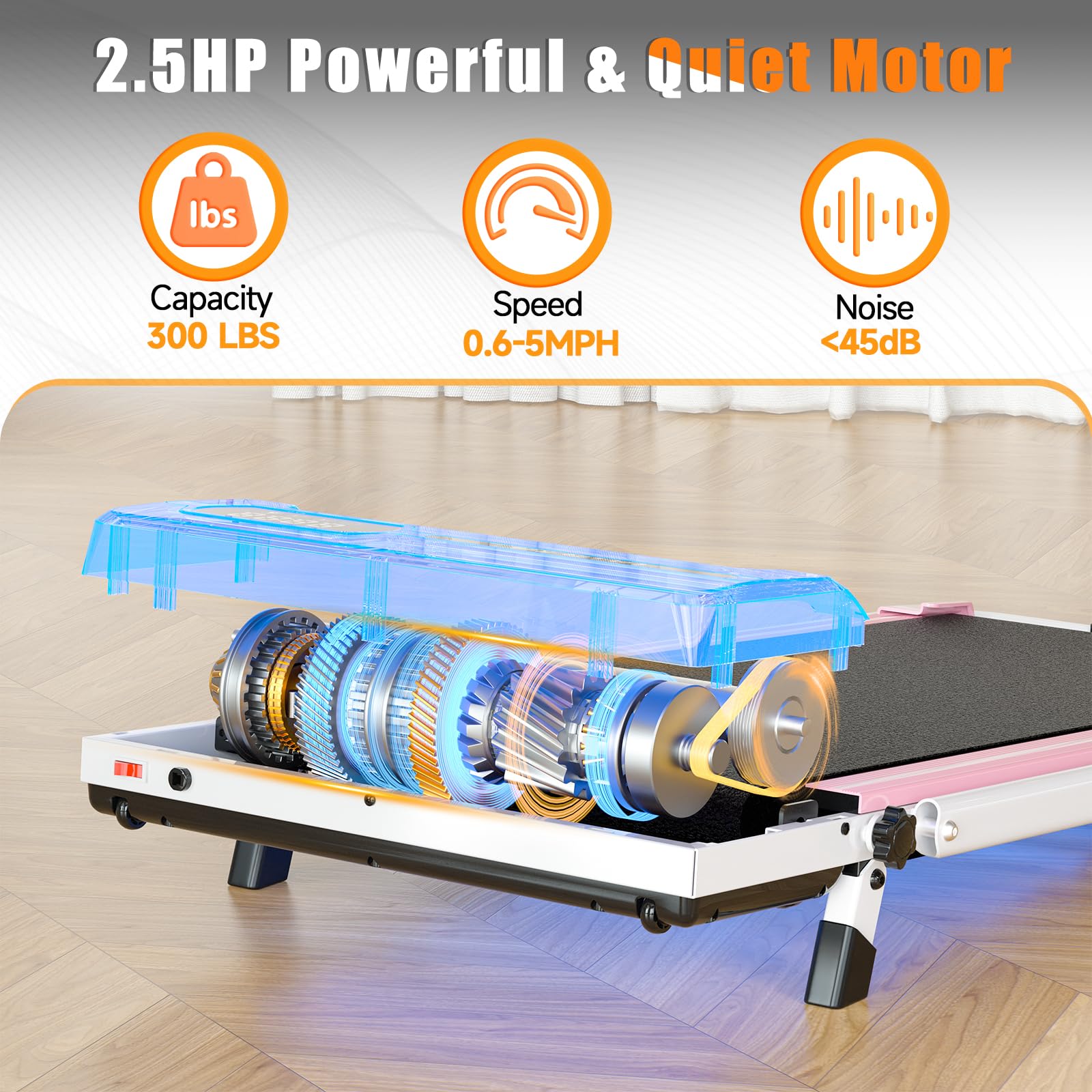 Incline Walking Pad with Handle Bar, Foldable Portable Under Desk Treadmill for Home Office, Ultra Quiet <45dB, Safety Lock, 300+ LB Capacity, Pink
