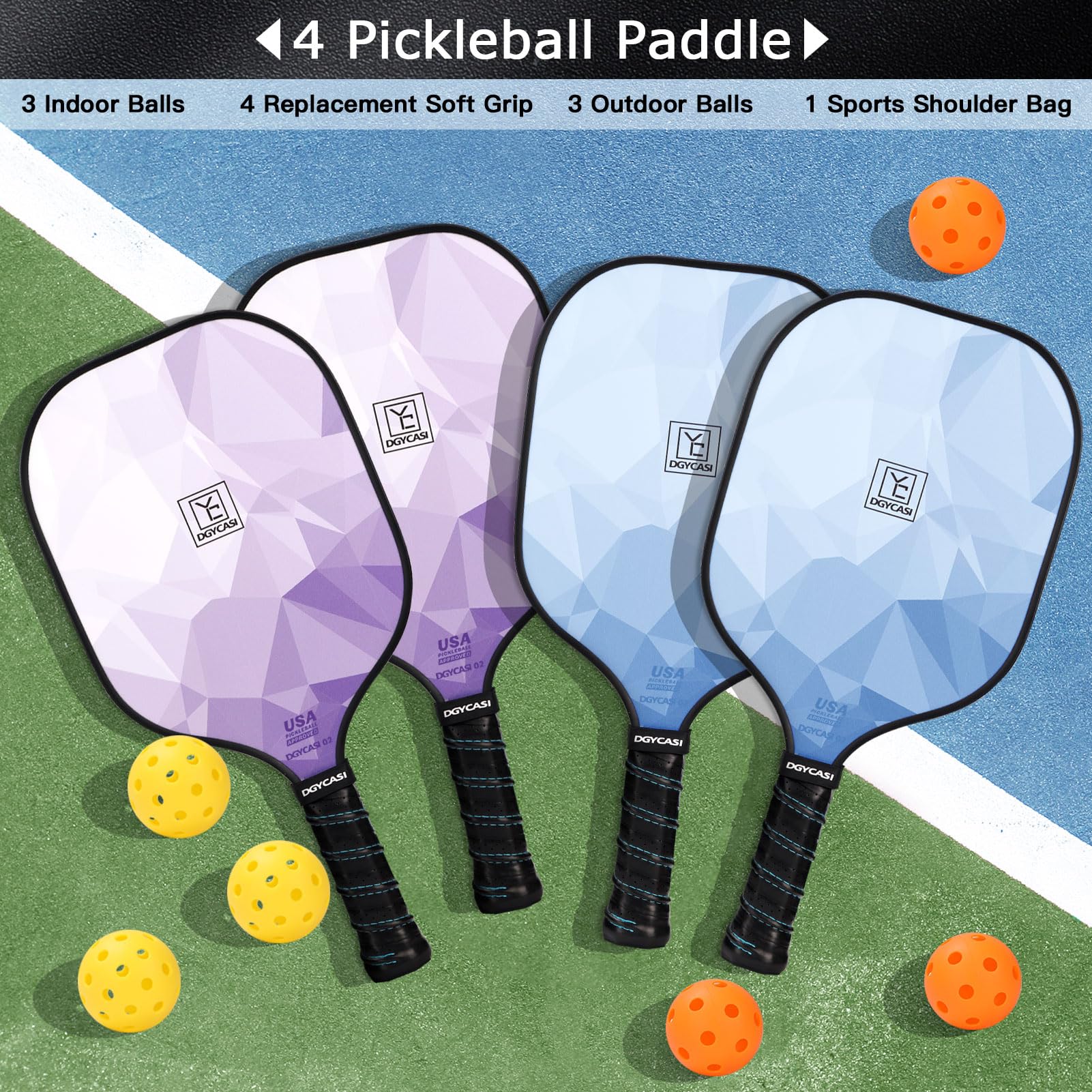 Pickleball Paddles Set of 4, USAPA Approved, Fiberglass Surface (CHS), Polypropylene Lightweight Honeycomb Core, 3 Outdoor Pickleball, 3 Indoor Pickleball, 4 Replacement Soft Grip, Pickleball Bag