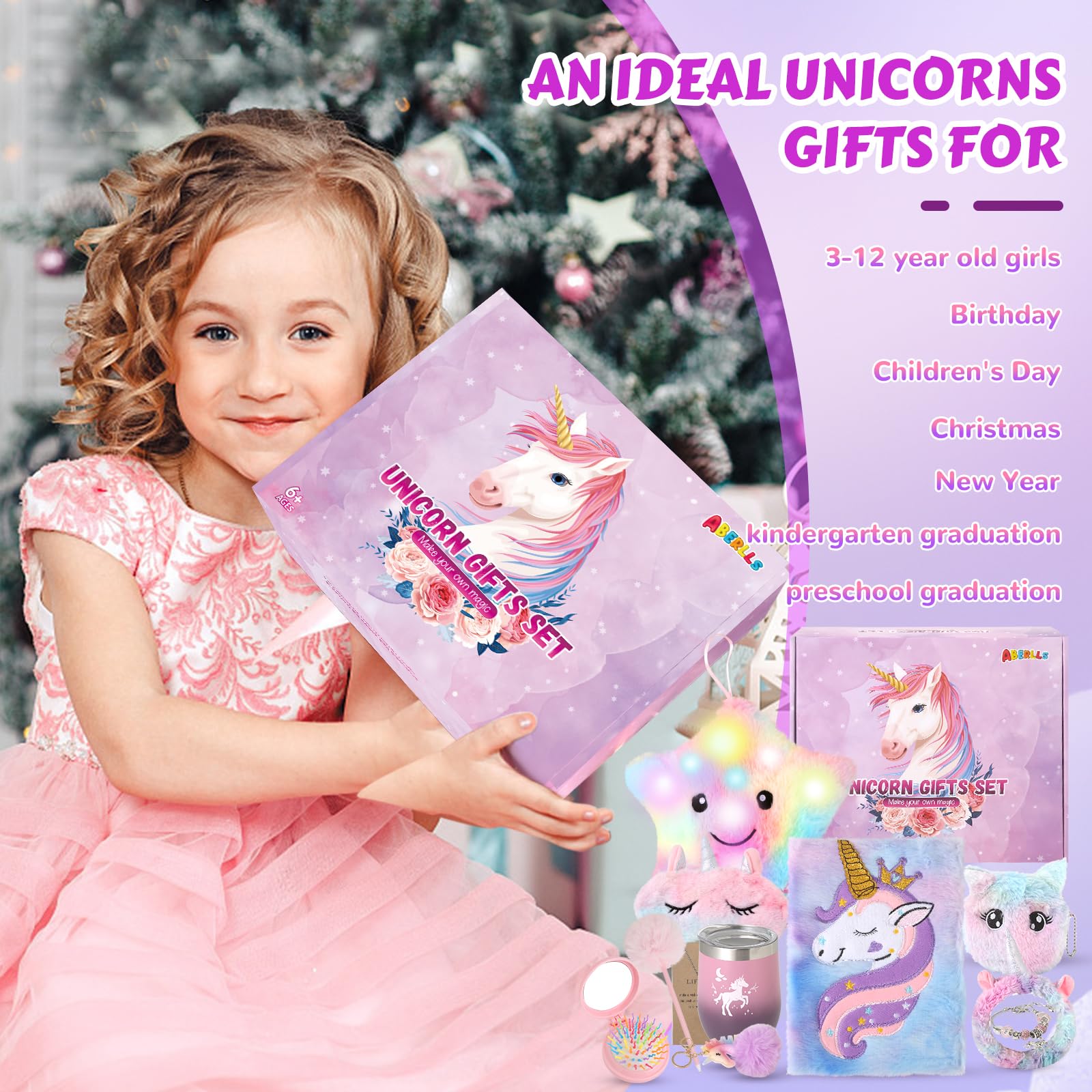 Unicorns Gifts for Girls 5 6 7 8 9 10+ Years Old, Kids Unicorn Toys with Light Up Plush Star Pillow, Diary, Headband, Eye Mask, Water Bottle, Soft Plush Toys Set for Teens Birthday Gifts Christmas