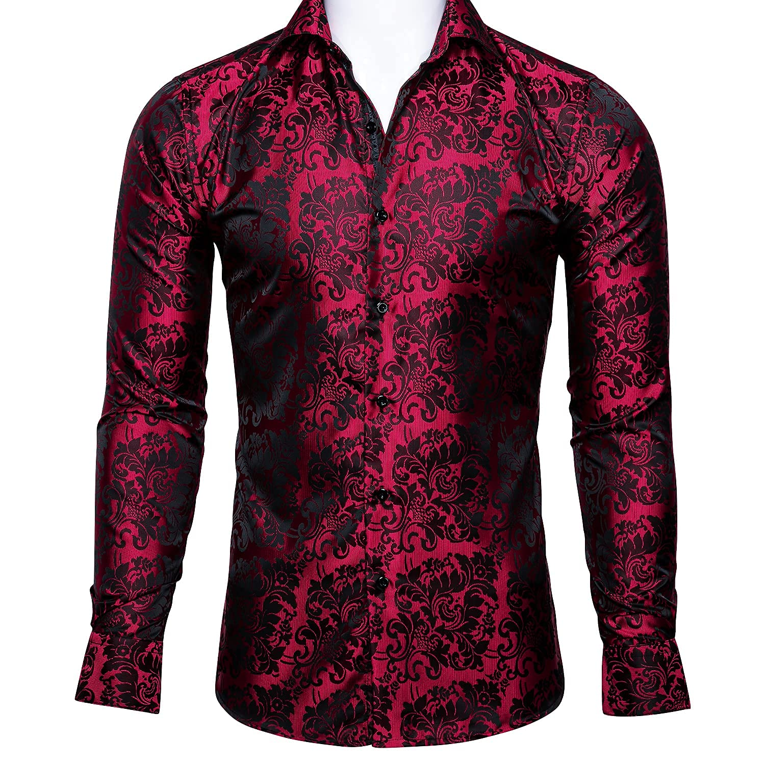 Barry.Wang Mens Dress Shirt, Red Floral Silk Long Sleeve Button Down Regular Fit Shirts Designer