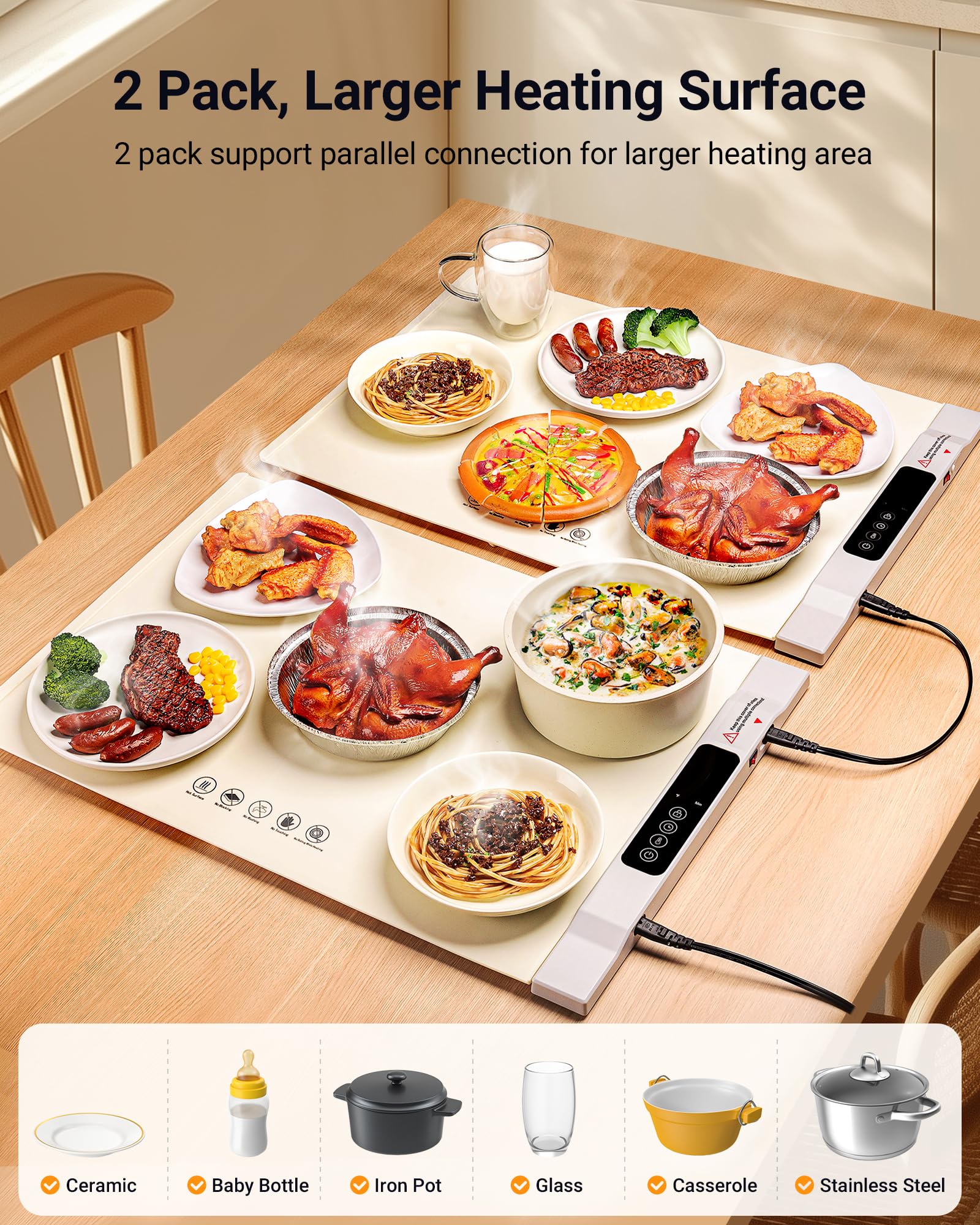 Warming Mat for Food, 2 Pack Food Warming Mat, Electric Warming Tray for Buffets Party with 7 Adjustable Temperature, 6 Timer, Fast Heating Silicone Food Warmer for Parties Home Travel Countertop