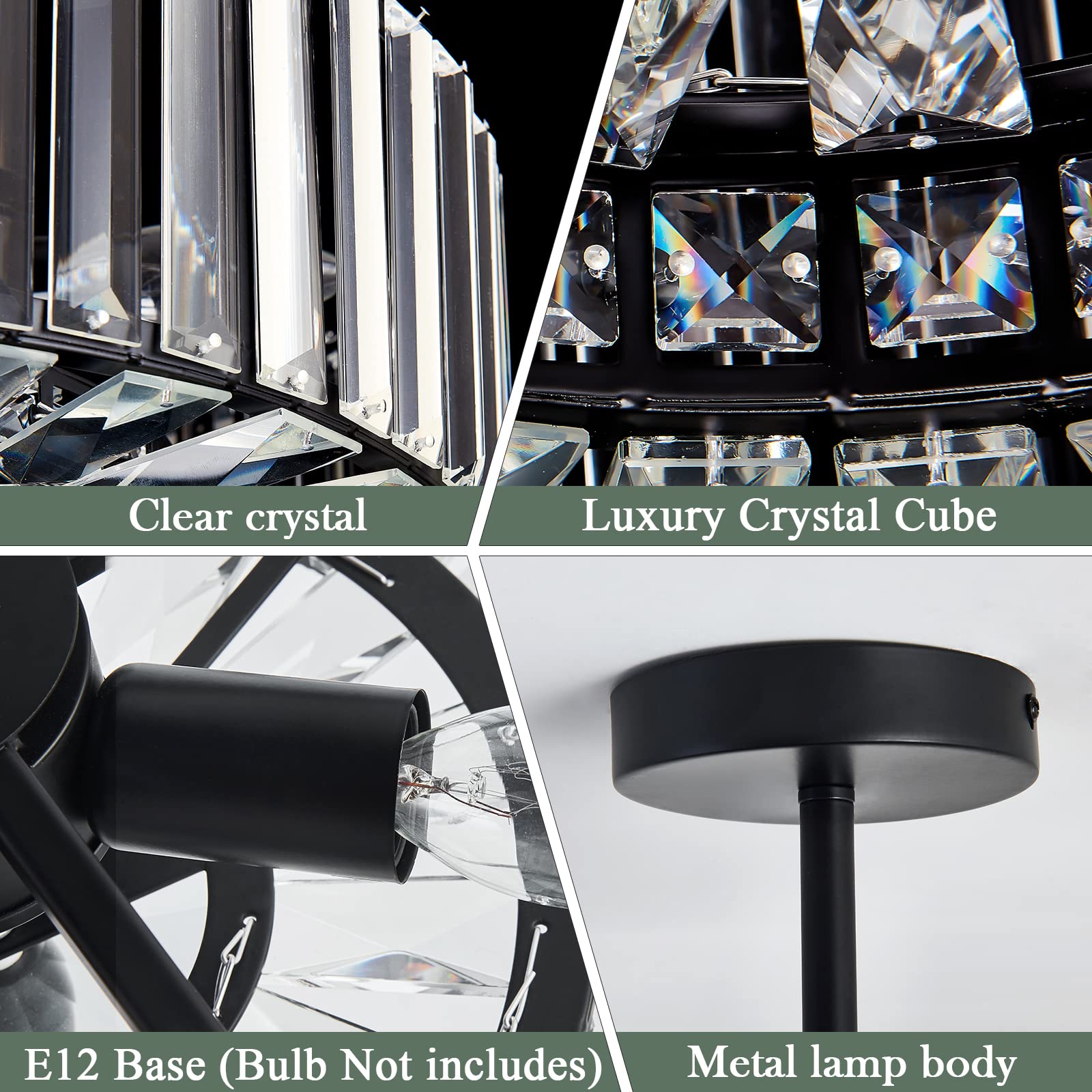 Piepooye 4 Lights Modern Crystal Chandelier Black Round Semi Flush Mount Ceiling Light Fixture Farmhouse Chandelier for Dinning Room Living Room Bedroom Hallway Entryway Kitchen