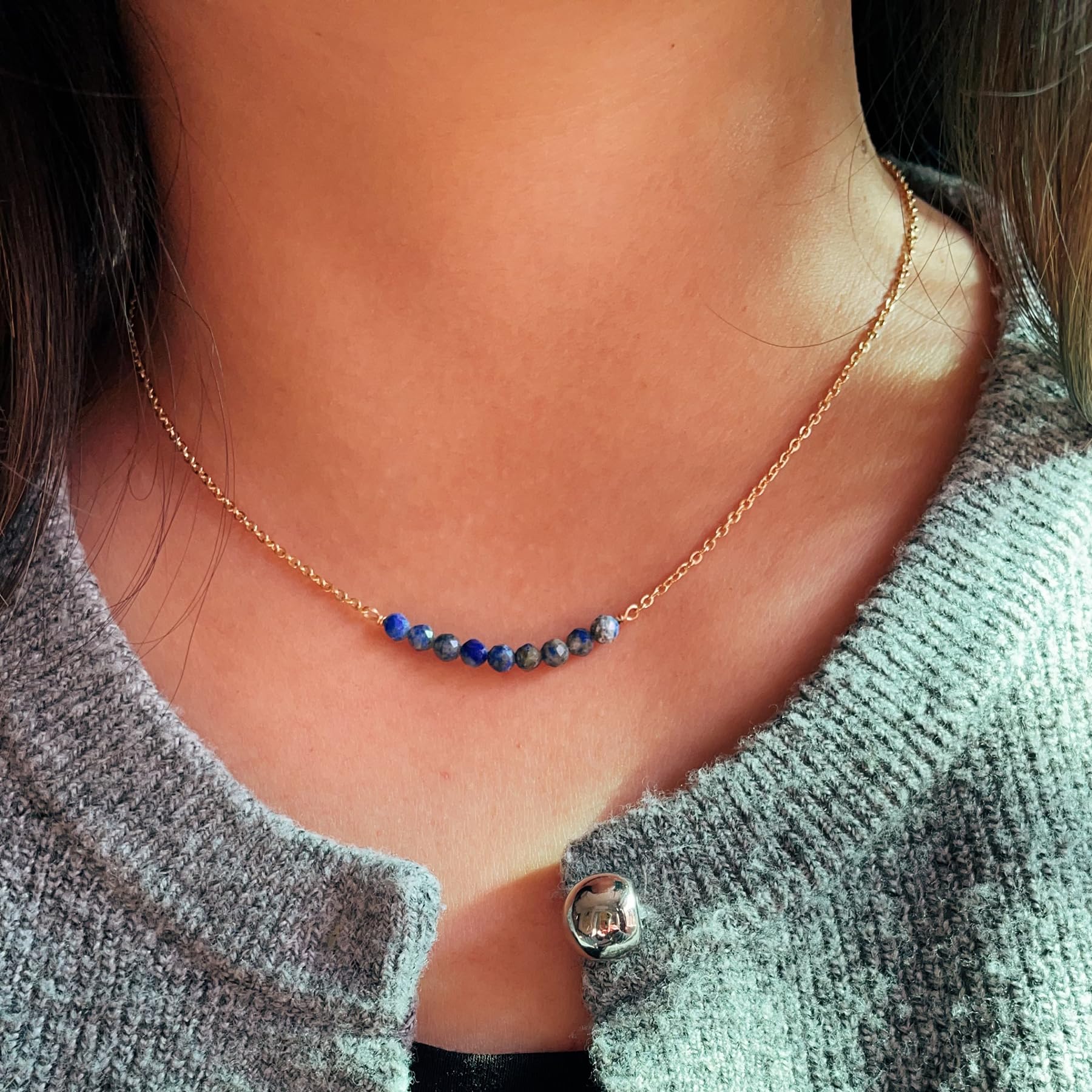 DeScount Dainty Beaded Lapis Bar Necklace,September Birthstone Necklace,18K Gold Plated Handmade Faceted Lapis Stone Beads Bar Boho Necklaces for Women