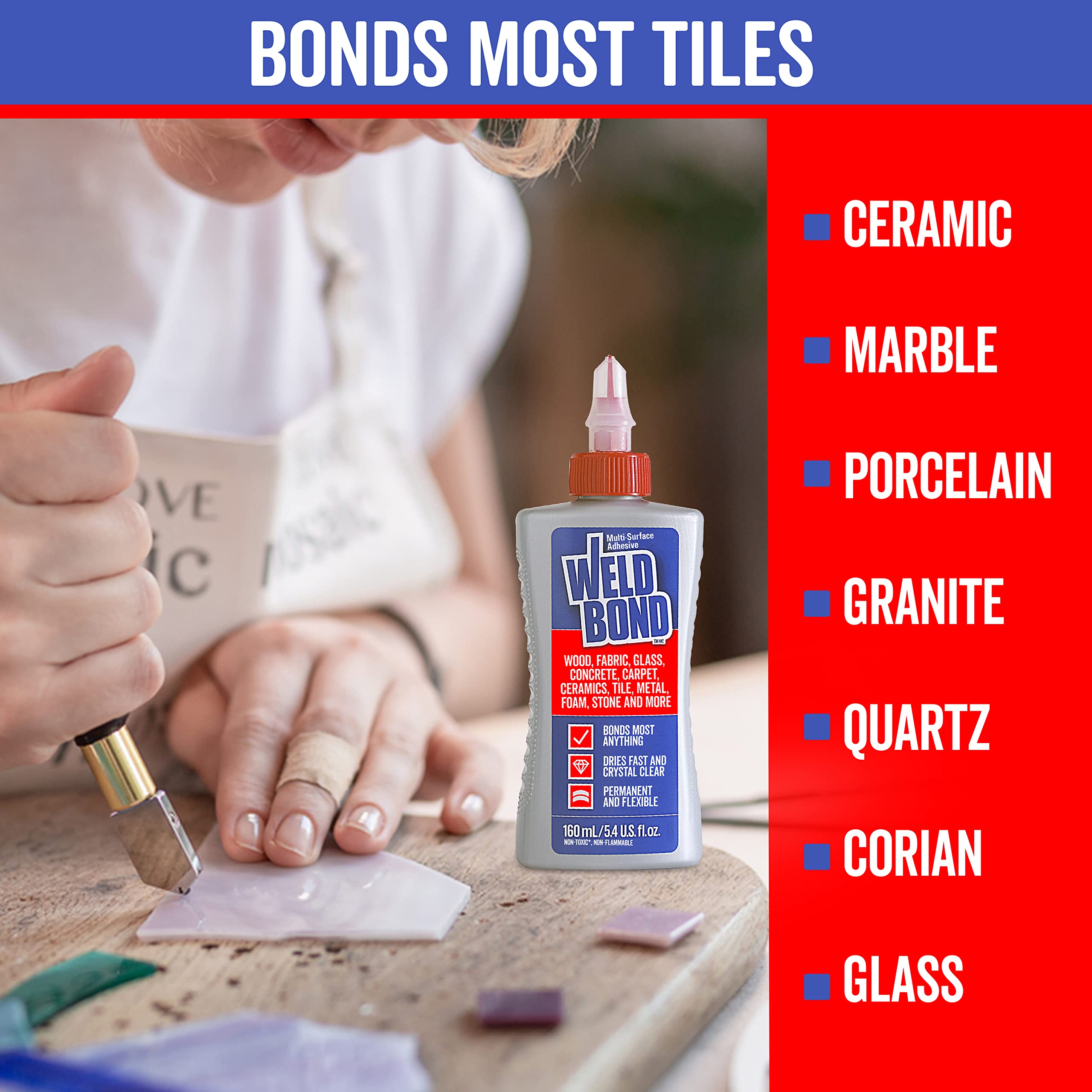 Weldbond Multi-Surface, Non-Toxic Glue, Bonds Most Anything! Use as Wood Glue or for Glass Crafts Ceramic Tile Mosaic Porcelain Stone Fabric Carpet Metal & More. 1-Pack of 5.4oz /160ml