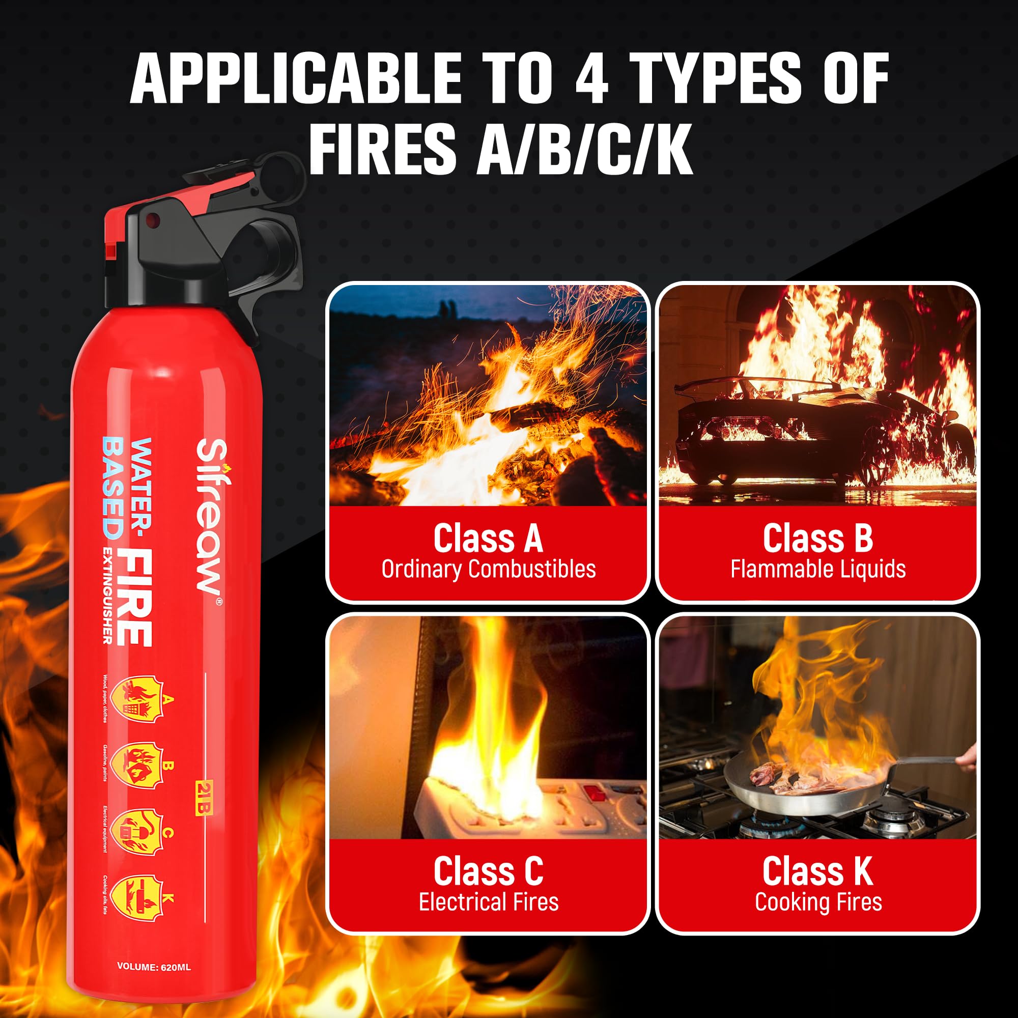 Fire Extinguishers for Kitchen Car Vehicle - 21B 620ml ABC Small with Fire Extinguishers - Non-Toxic Water-Based Fire Extinguishers for House with Mounting Bracket, 4PK