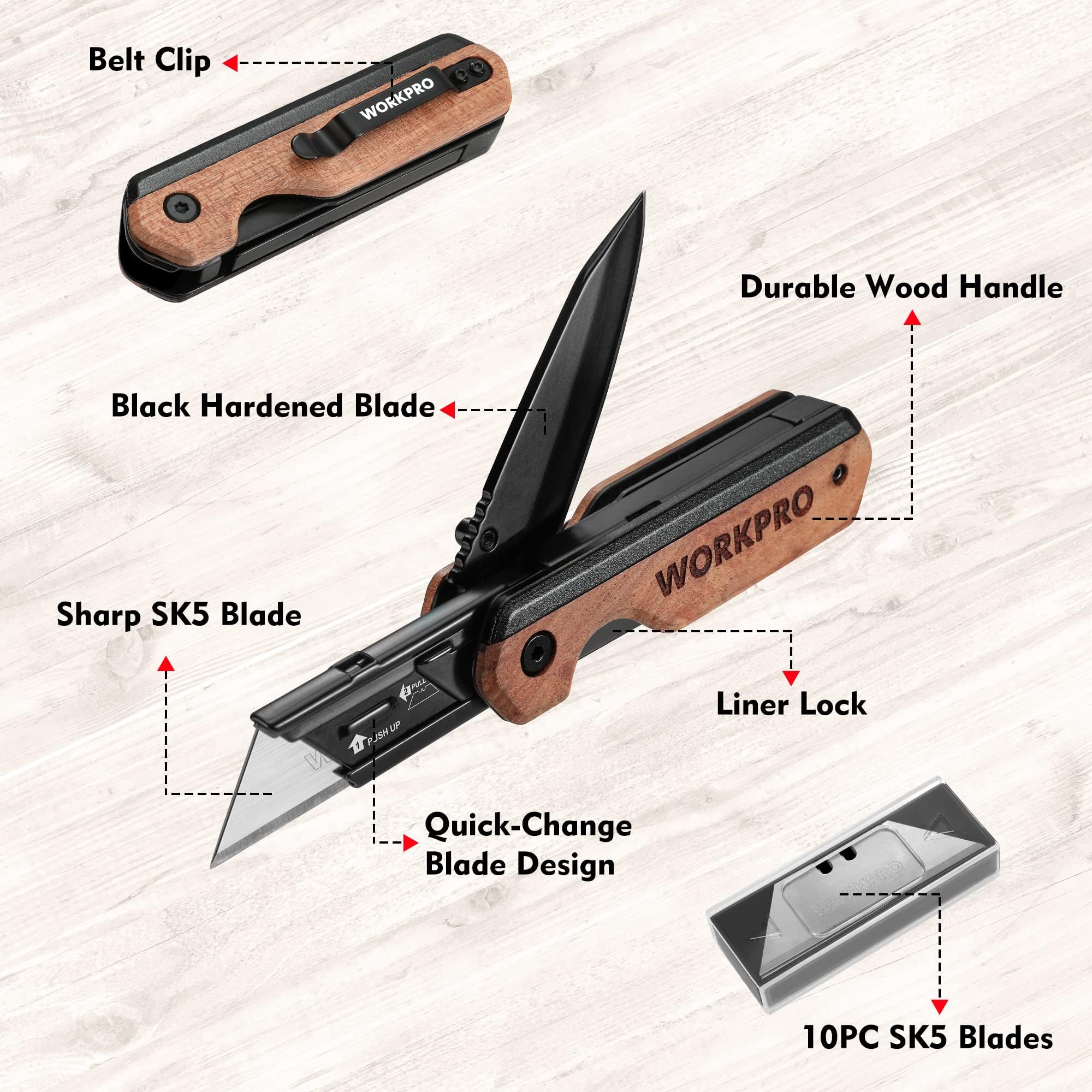 WORKPRO 2-in-1 Folding Knife/Utility Knife - Gifts for Dad, Quick-Change Box Cutter with Belt Clip and Liner Lock, Extra 10 SK5 Blades Included