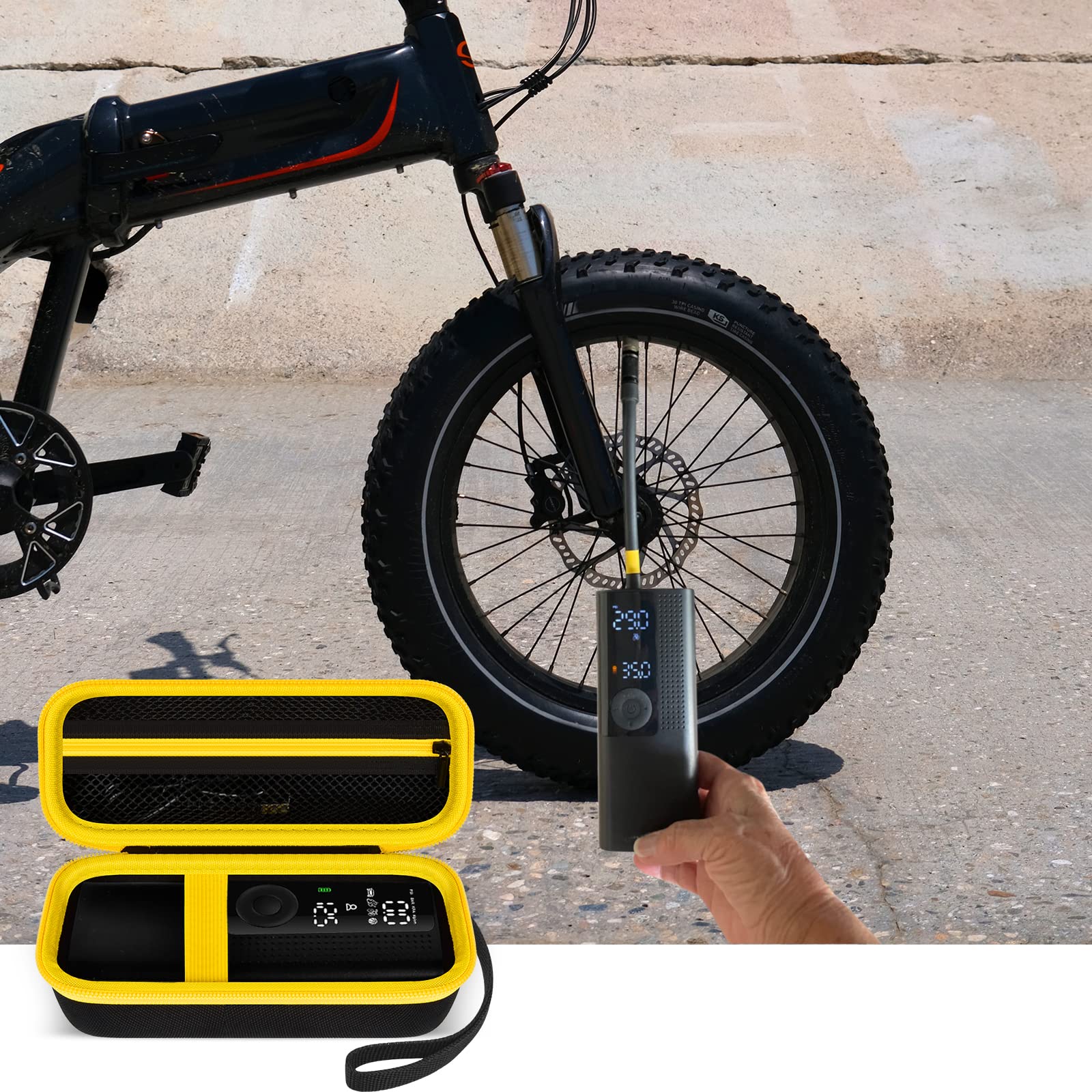 Case Compatible with Portable Air Pump, 120 PSI Air Compressor, Car Tire Inflator Storage Bag for USB Cable, Air House, Connector and Accessories (Box Only)-Black+Yellow Zipper
