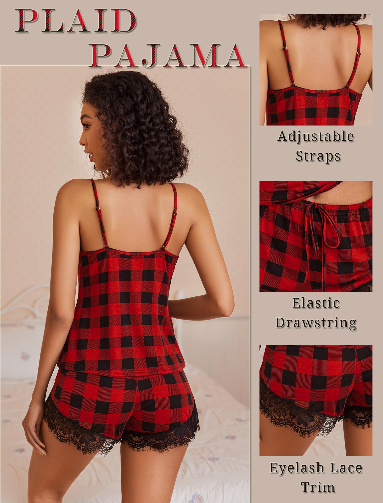 Avidlove Sexy Christmas Pajamas Sets Sleepwear for Women Cami Shorts Pj Set Two Piece (Red Plaid,XXL)