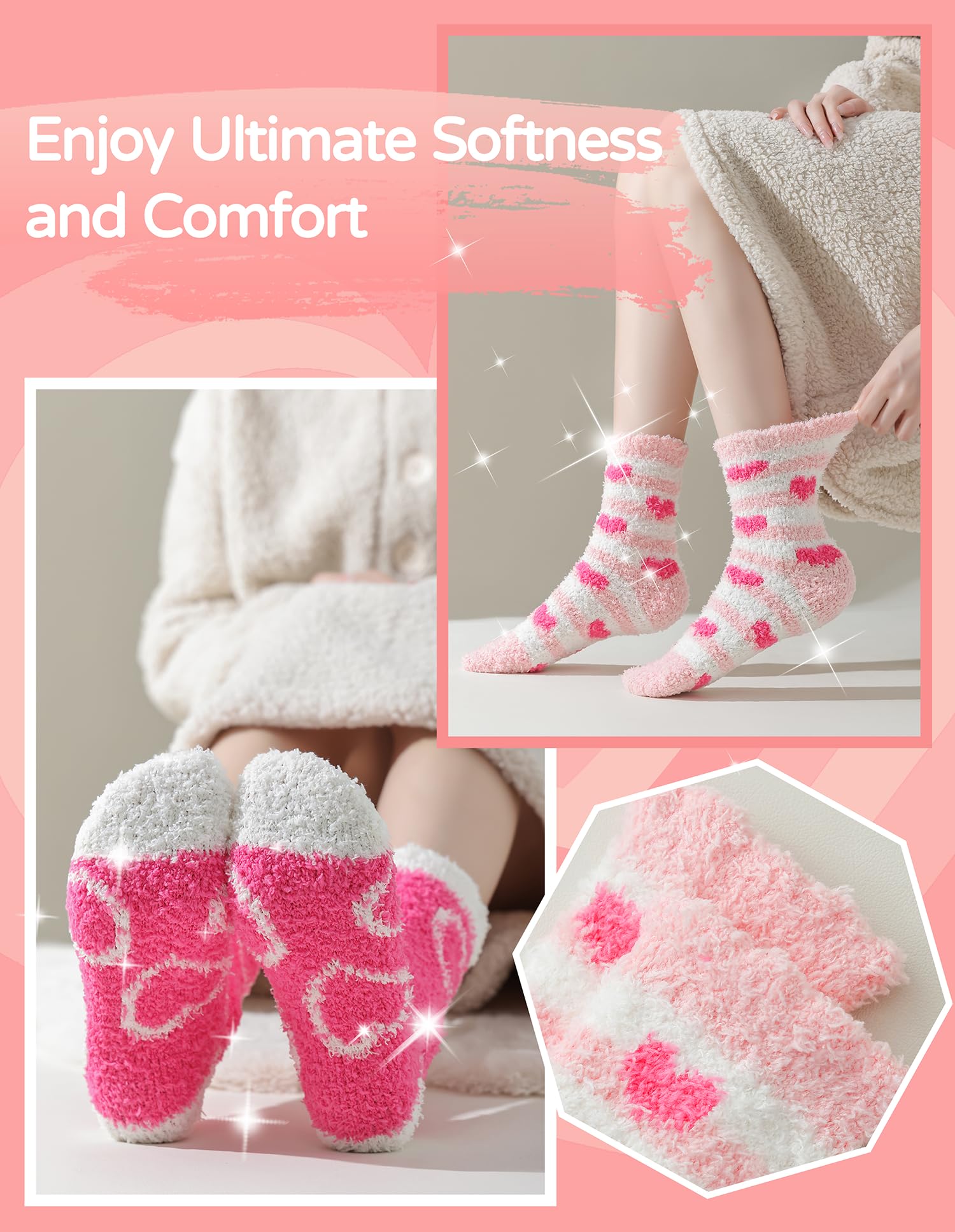 TEHOOK Valentines Gifts-Warm Fuzzy Cozy Fluffy Soft Socks-Pink Heart Valentines Socks-Valentines Day Gifts for Her Girlfriend Wife Women Girls-Valentines Basket Stuffers