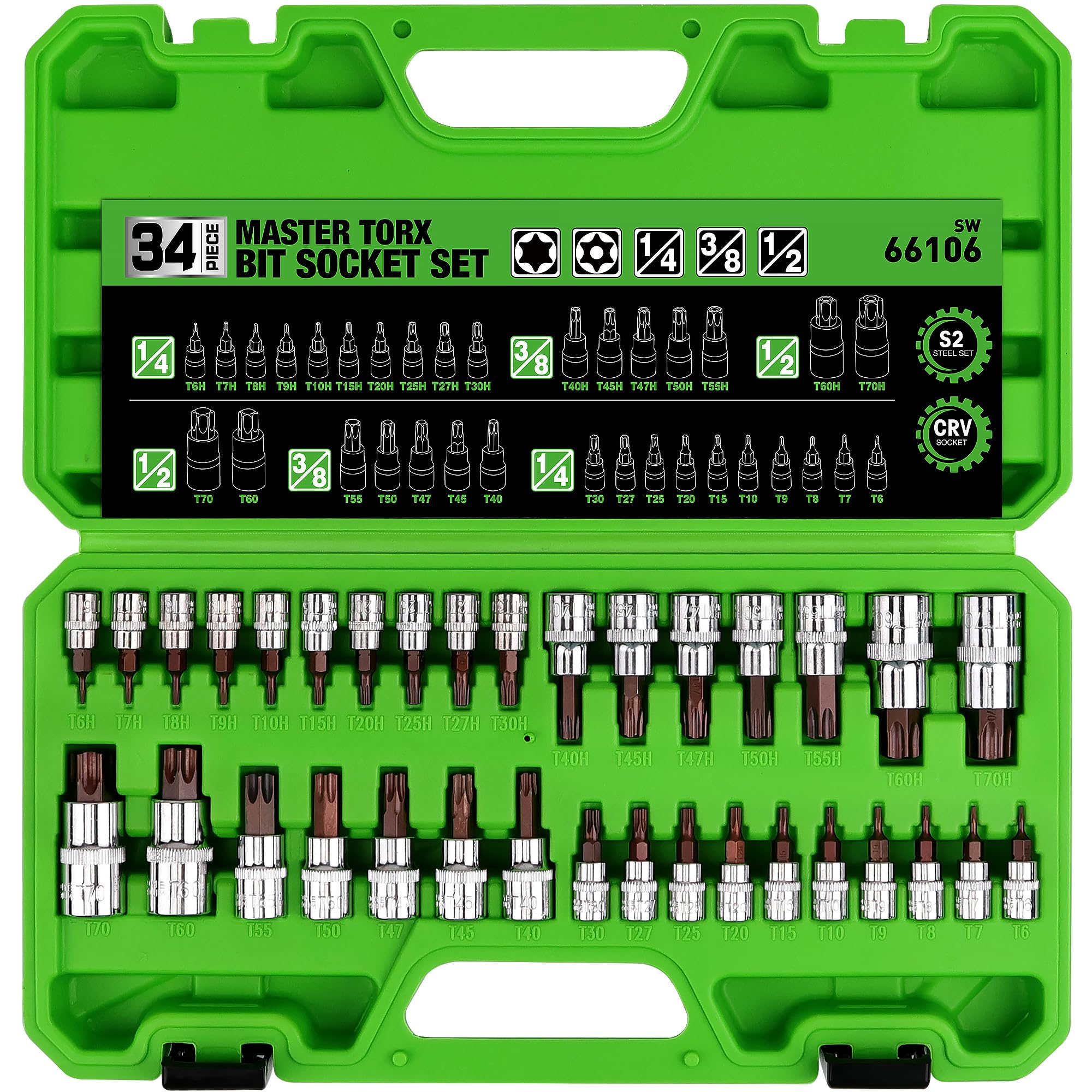 SWANLAKE 34PCS Master TORX Bit Socket Set, Premium S2 Alloy Steel, Solid Star & Tamper Proof T6 ~ T70