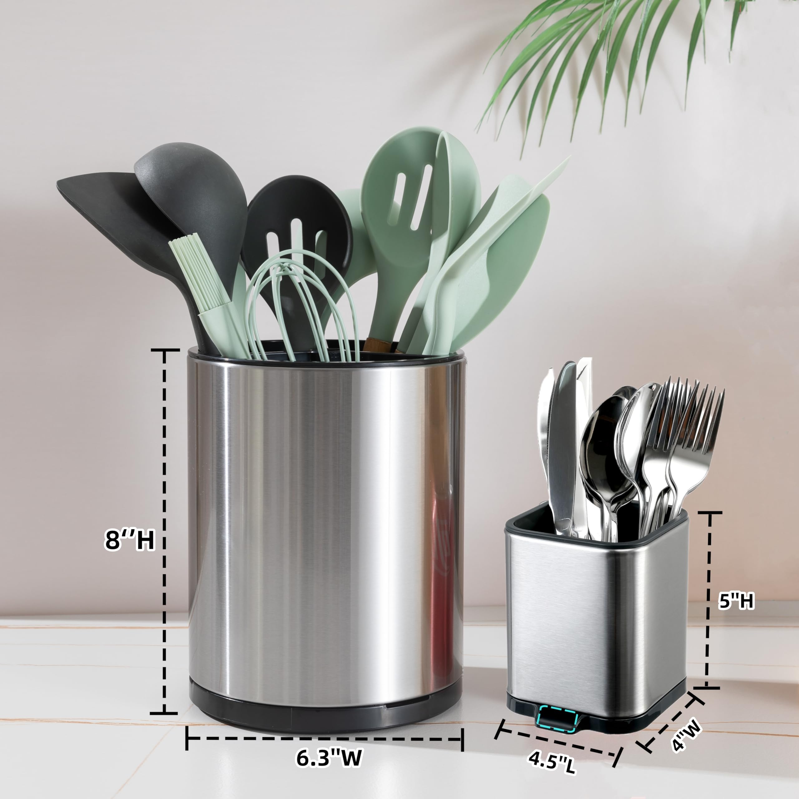 LIBODOUR Kitchen Utensil Holder Set of 2 Extra Large Rotating For Counter Organizer Stainless Steel Storage Cooking Silverware Caddy Flatware Spoon Spatula Lazy Susan （Mother And Child）