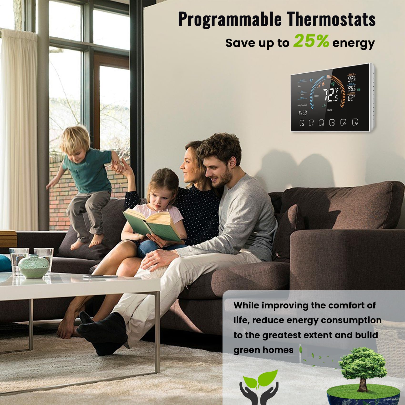 Bestechy Smart Thermostat for Home WiFi, App Thermostat, for Air and Ground Energy Heat Pumps, Includes C-Wire Adapter, LCD Color Screen, Voice Control, Energy Efficient, Easy DIY