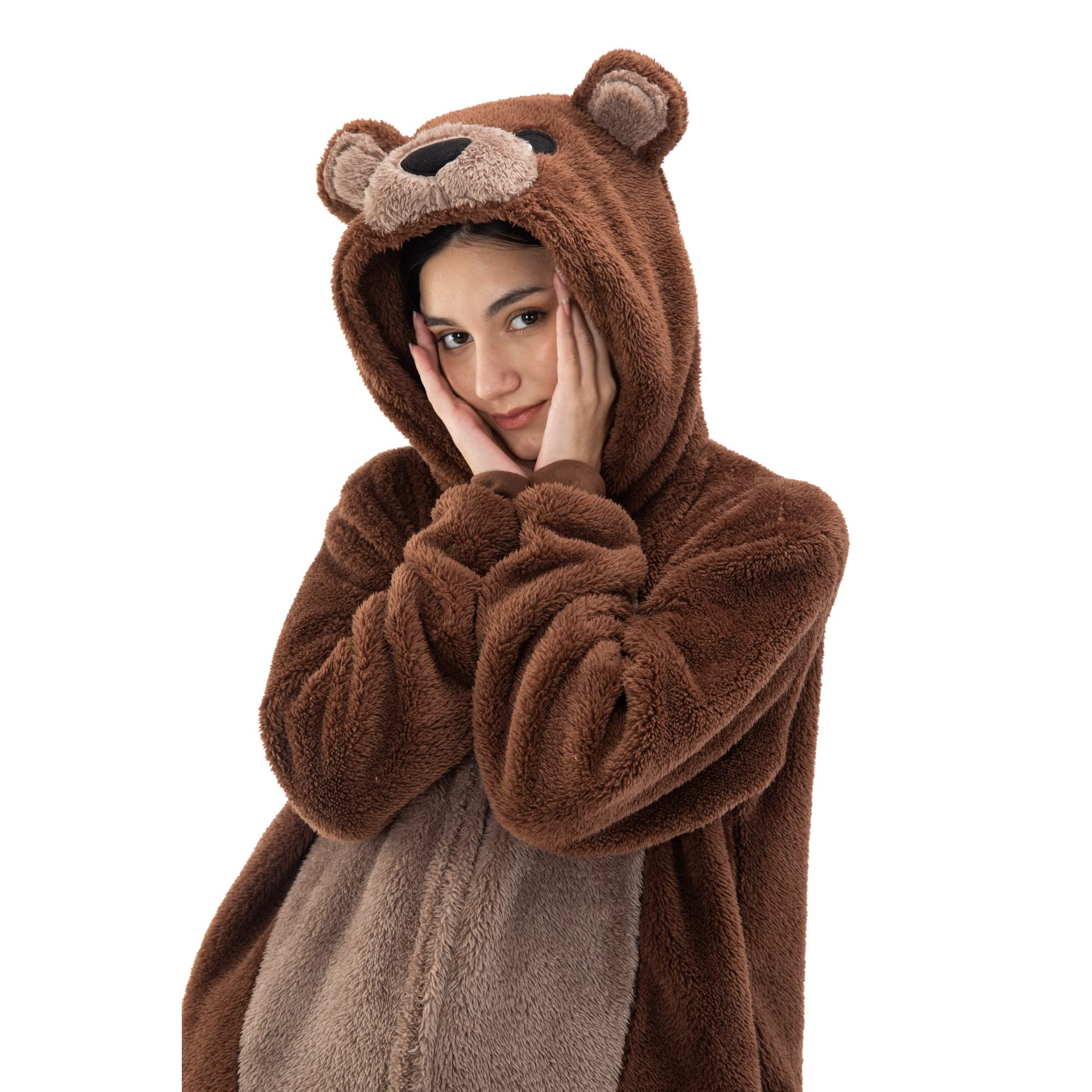 COSUSKET Snug Fit Unisex Adult Onesie Pajamas, Sherpa Bear Animal One Piece Halloween Costume Sleepwear Homewear