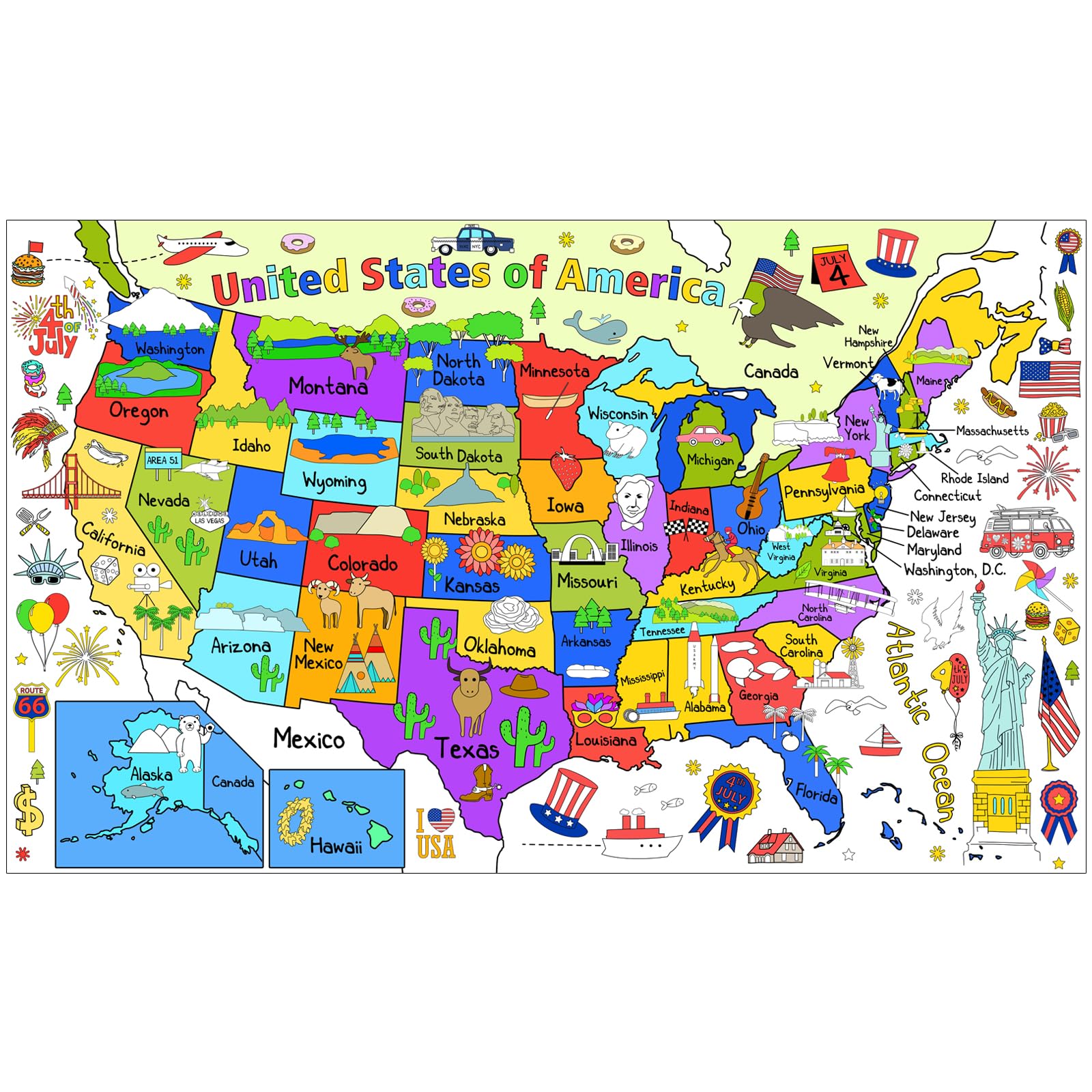 Giant US Map Coloring Paper Poster for Kids - Educational 54 x 33 Inches United States Art Activity Map, United States Coloring Map Large Paper Coloring Tablecloth for Children