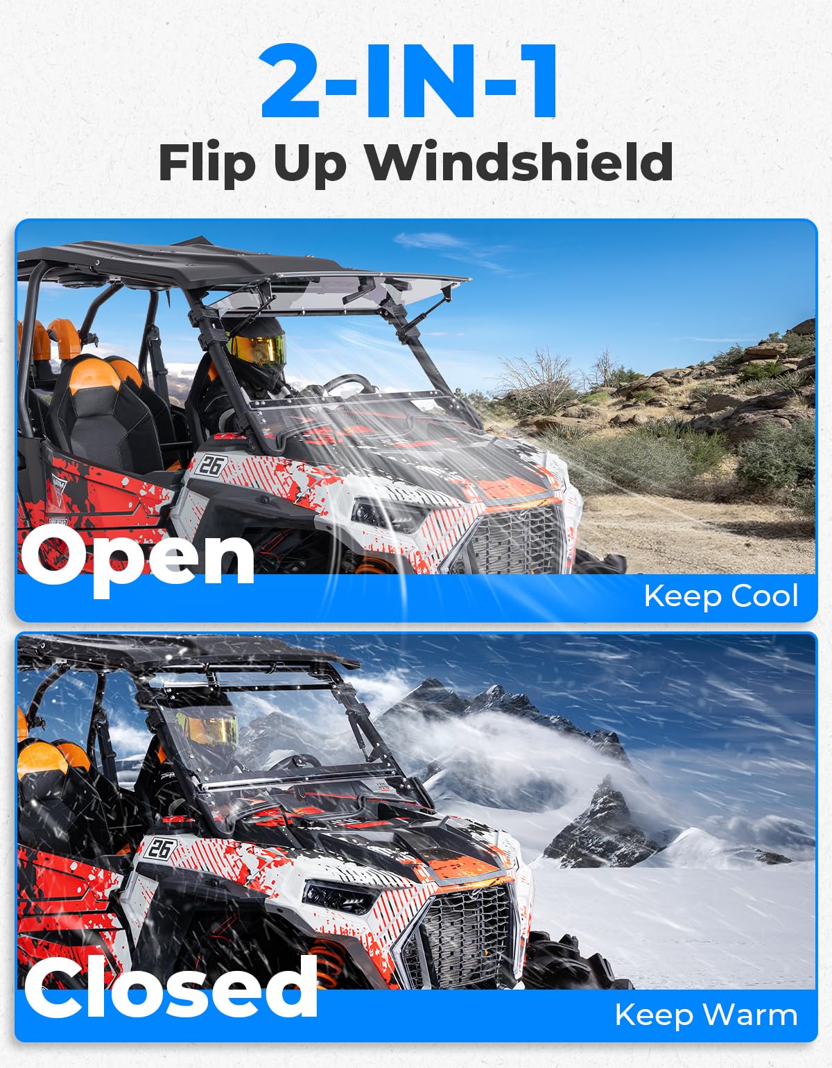 KEMIMOTO 19-23 XP 1000 Flip Up Windshield Upgraded Fit and Seal, Compatible with 2019-2023 Polaris RZR XP 1000 /RZR XP Turbo 2 and 4 Seater, Heavy Duty 2-IN-1 Folding Window Hard Coated PC