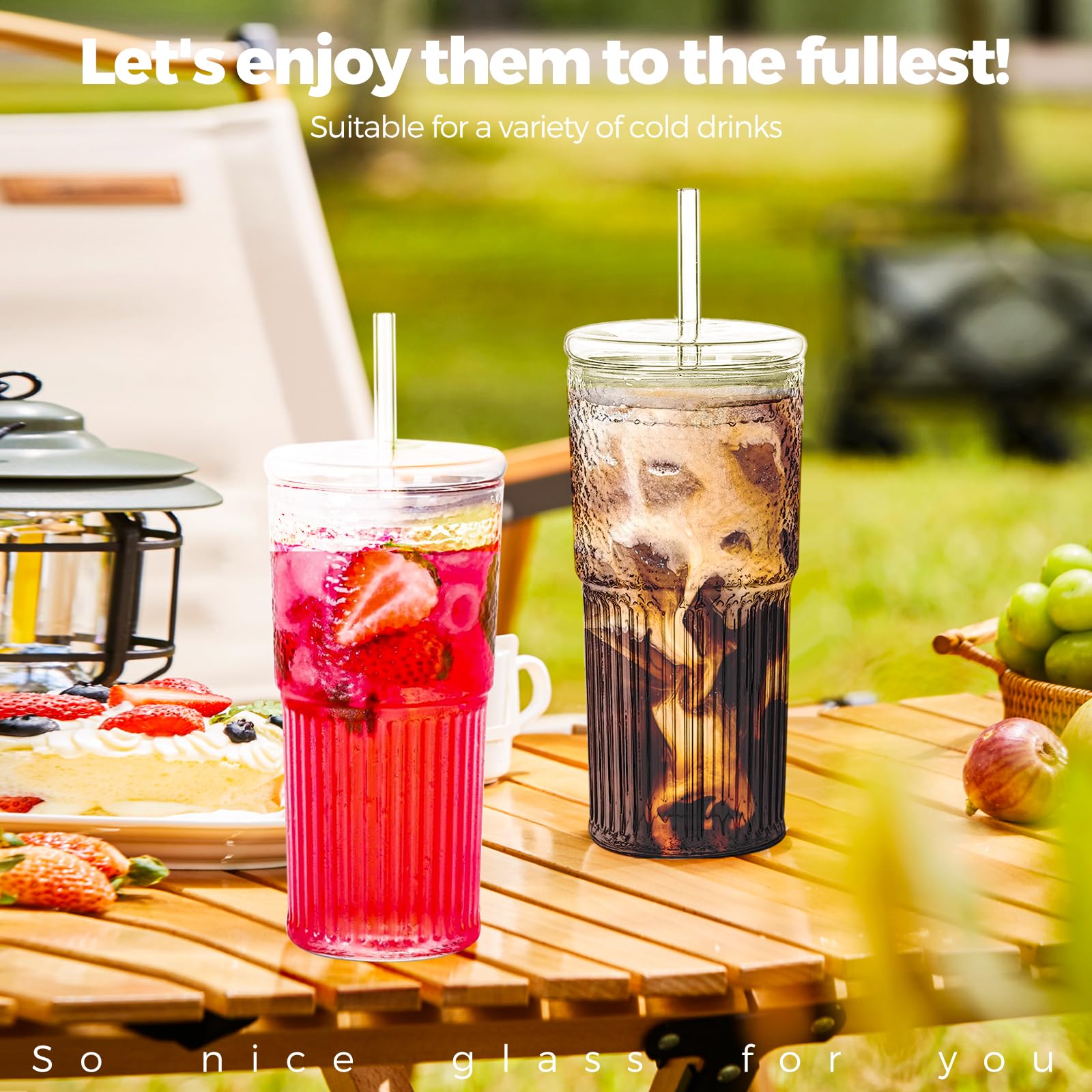 2PCS Glass Cups with Lids and Glass Straws, 20OZ Iced Coffee Cups, Home Essential and Coffee Bar Accessories Borosilicate Glass Tumblers with Lid and Straw for Beer, Cocktail, Tea and Latte, Clear
