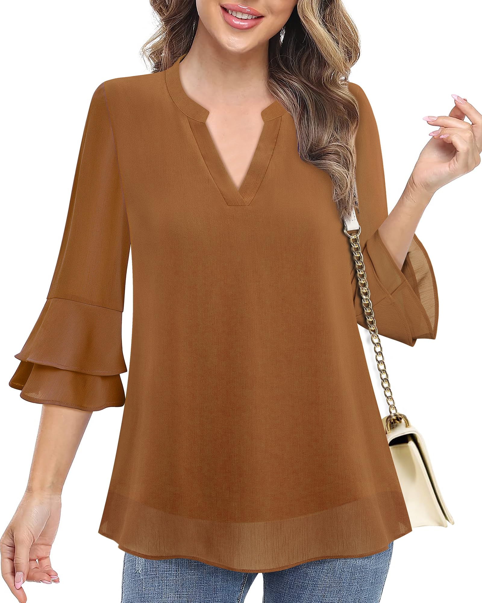 Lotusmile Work Tops for Women Business Casual, 3/4 Bell Sleeve Office Tops for Women Notch V Neck Double Layered Tunic Shirt Dressy Blouses Elegant (Marmalade, XL)