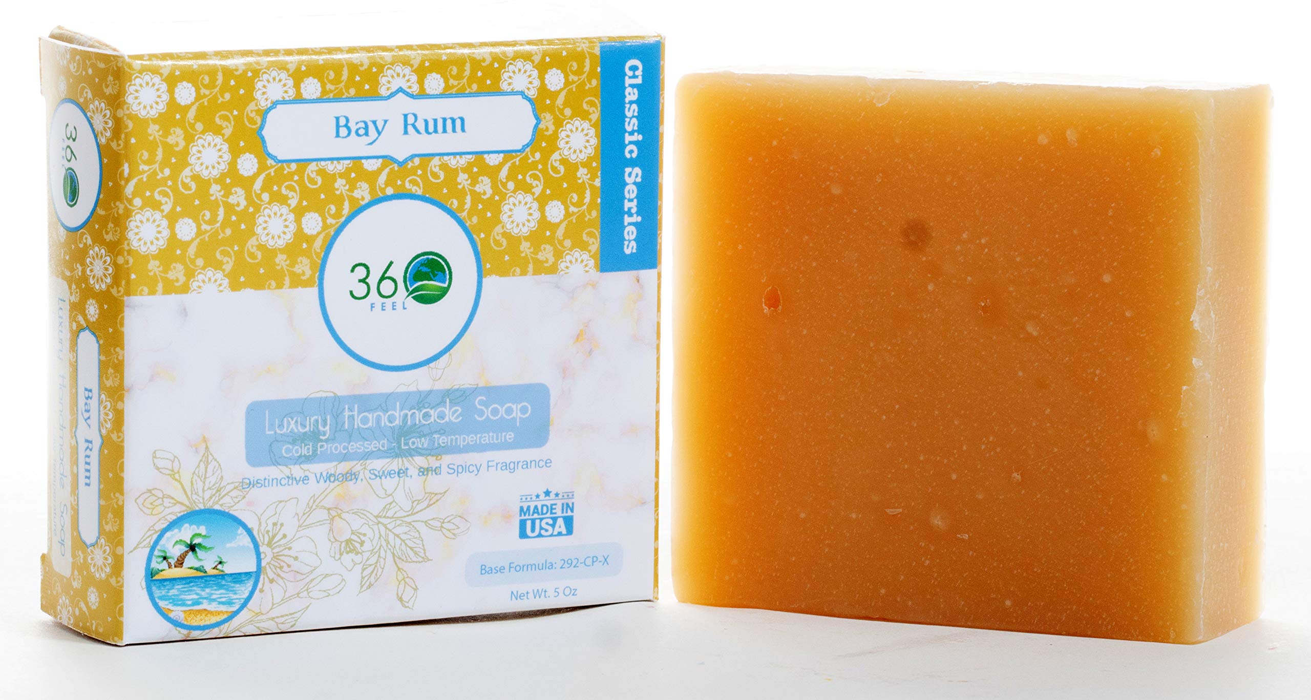 360Feel Bay Rum Soap - 5oz Handmade Soap Bar with Natural Woodsy Sweet, Spicy Scent and Homemade Bay Rum Shaving Soap- Gift for Men - Castile Man - Gift ready