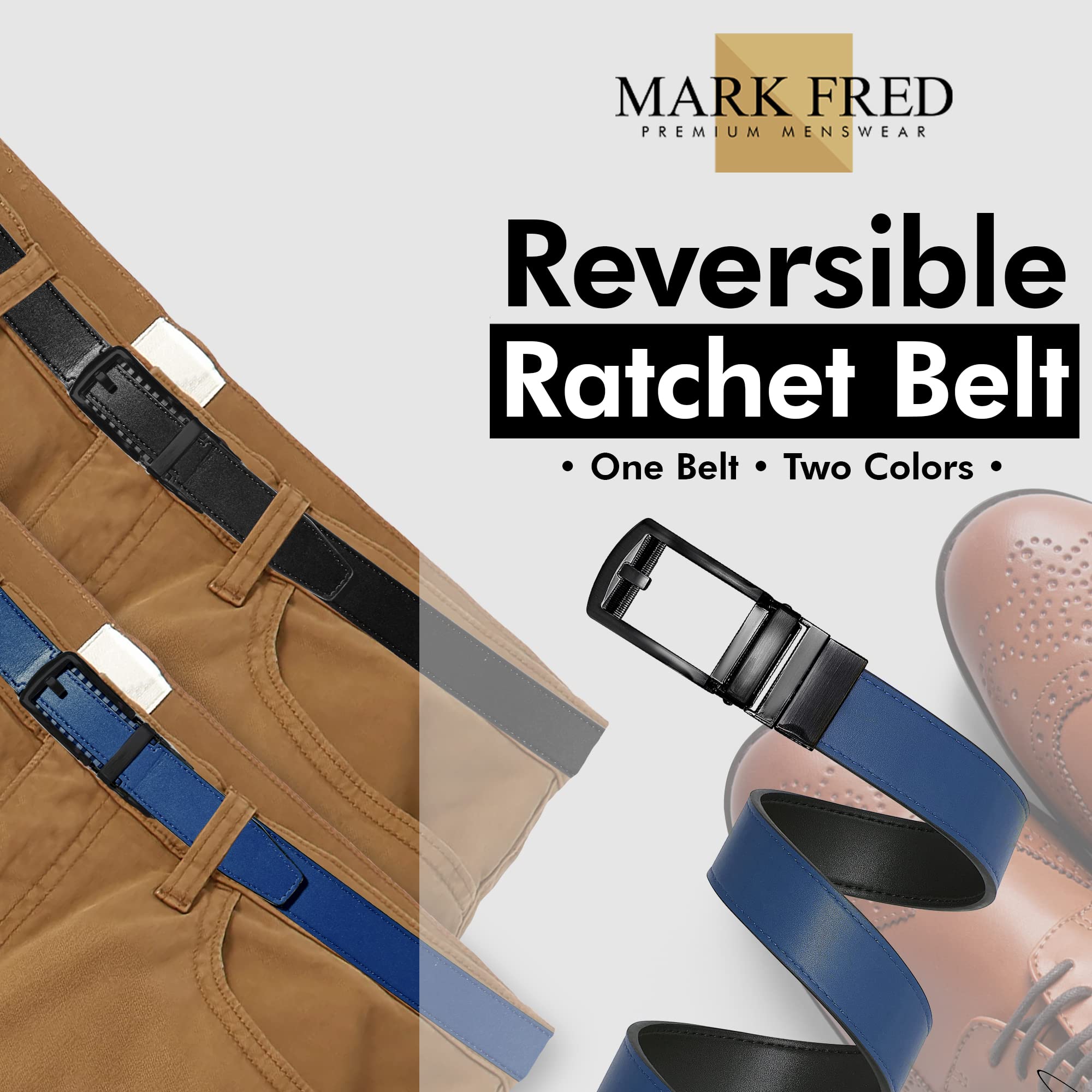 Mark Fred Leather Reversible Ratchet Belt (Black/Navy, One Size - Up to 51), Mens Belt