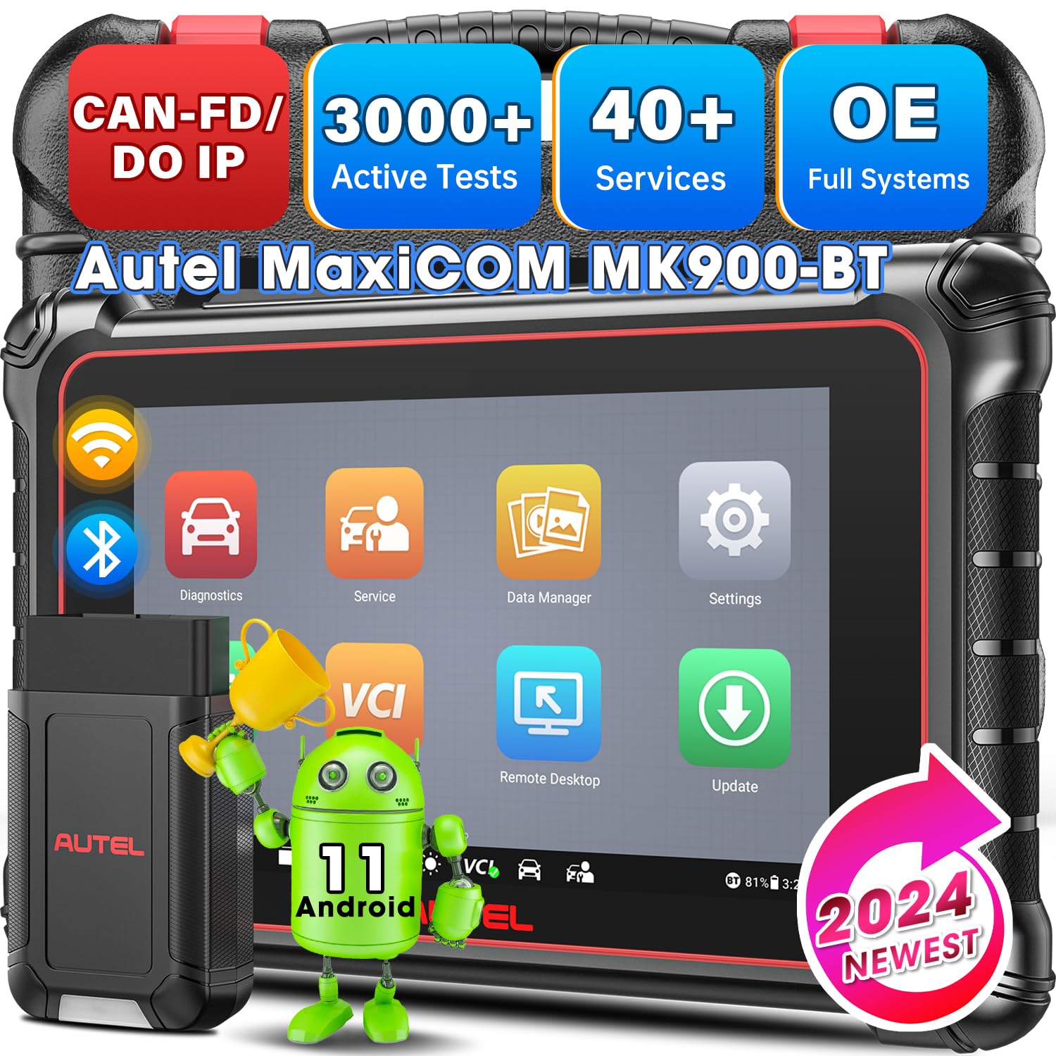 Autel MaxiCOM MK900-BT Scanner, 2024 MK900BT Bidirectional Scan Tool, Up of MK900 MaxiCheck MX900 MK808BT PRO MK808S MX808S MK808Z, DOIP CANFD, 40+ Service, 3K+ Tests, All Sys, FCA SGW, BT506 Support