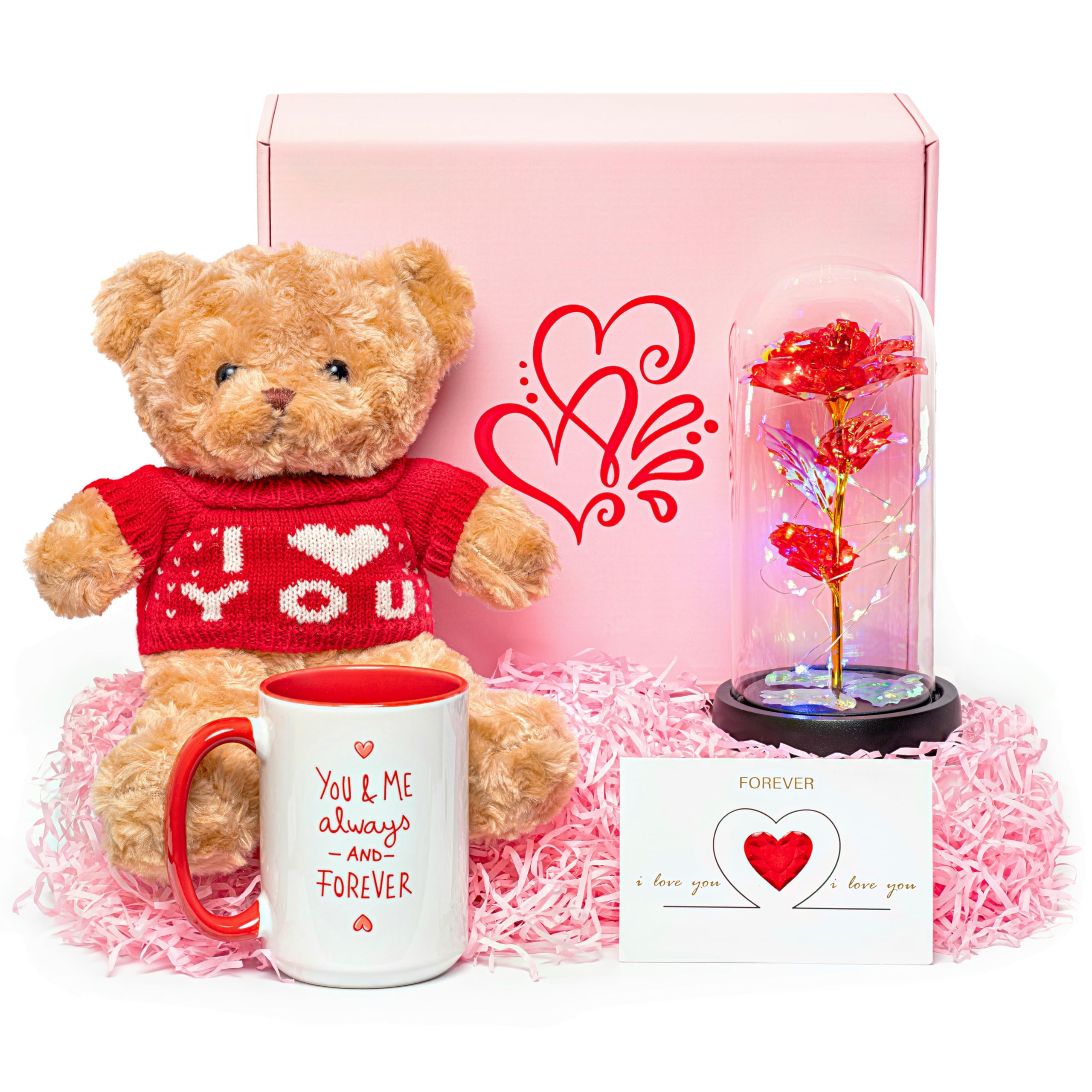 Ultimate Love Box 4 Piece Gift Set - 15oz Ceramic Mug, Soft Teddy Bear, Led Red Rose, Love Card - Romance Girlfriend Boyfriend Wife Husband Mom Dad Anniversary Birthday Valentines Day Christmas Gift