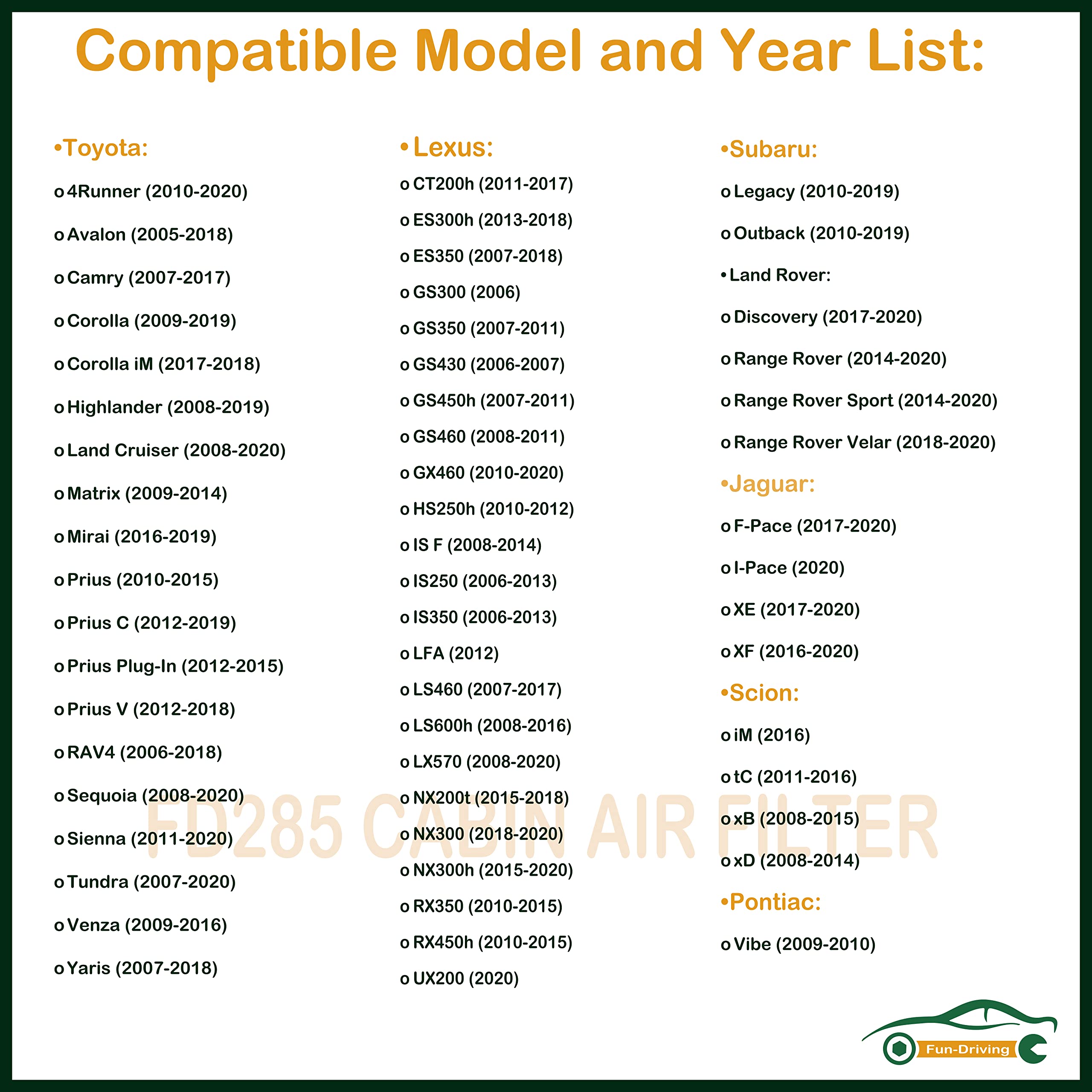 Fun-Driving FD285 Cabin Air Filter for Toyota/Lexus/Scion/Subaru/Land Rover/Pontiac,Replace CF10285, Not Fit 2016 Prius (2 Pack)