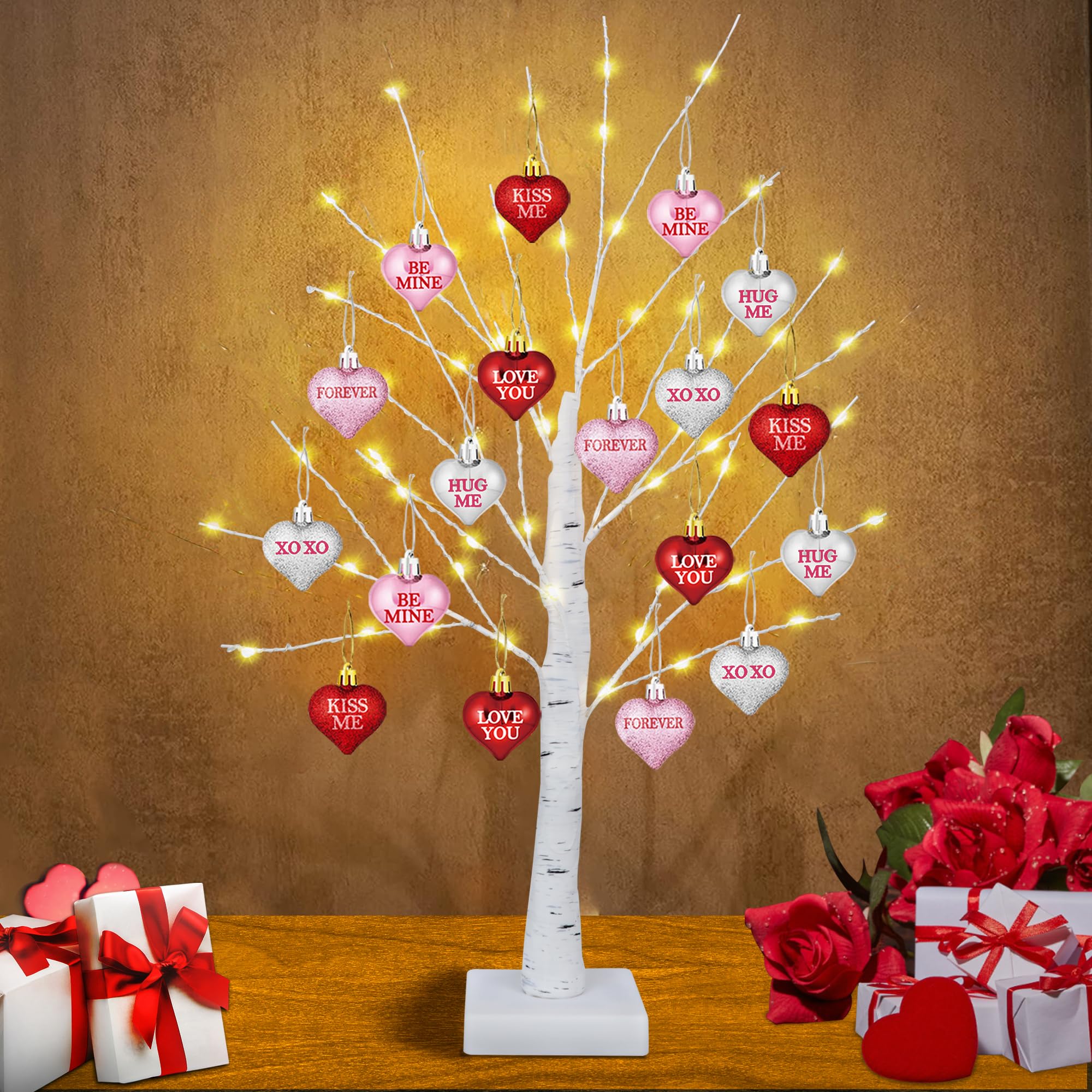 [Timer] Valentines Day Decor 24 Inch Valentines Day Decoration Lighted Tree with 18 Heart Ornaments, USB/Battery Operated Valentines Decor Tree Light, Valentines Day Decorations for Home Table Bedroom