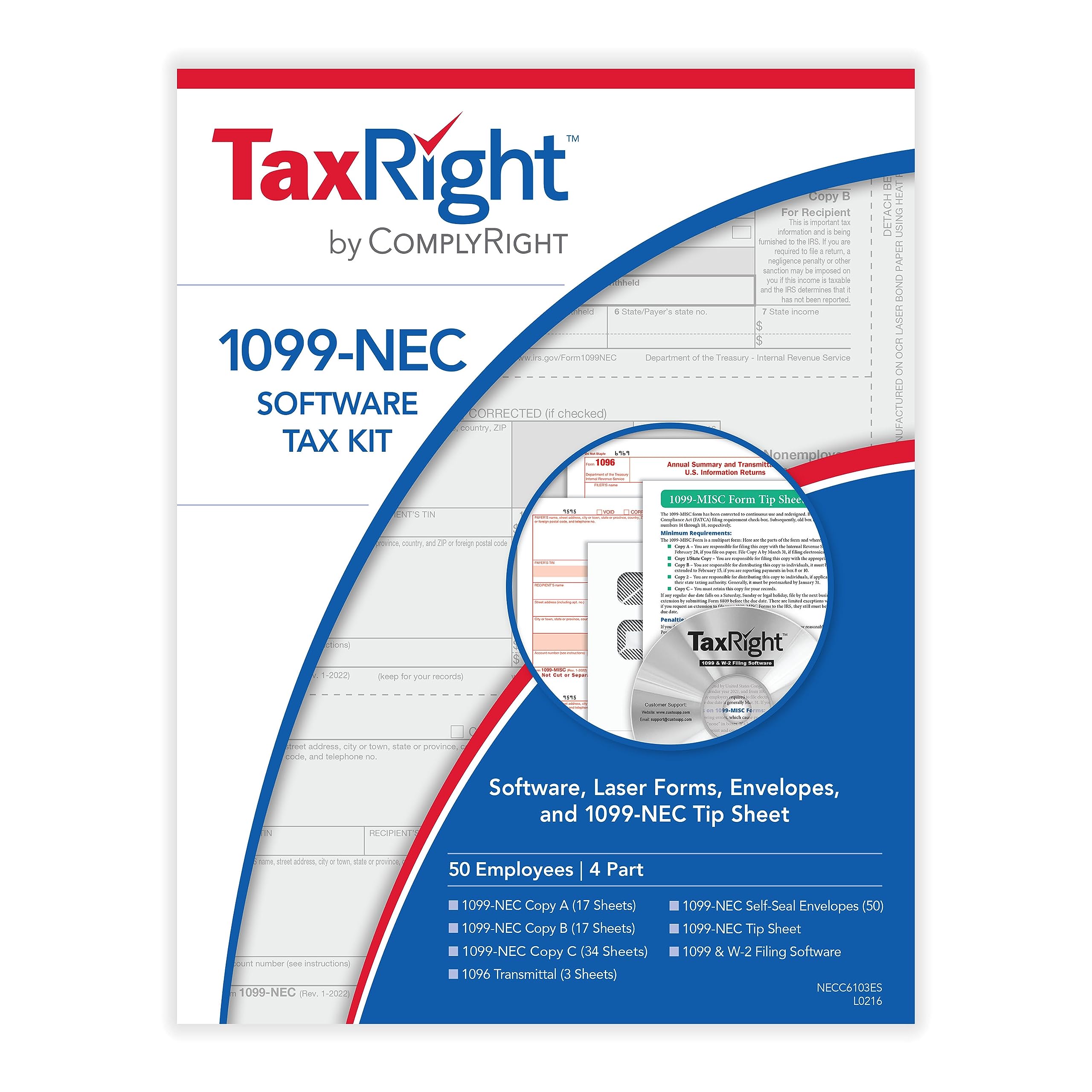 ComplyRight 2024 TaxRight 1099-NEC Tax Kit (4-Part) | 50 Recipients |Self-Seal Envelopes | Software