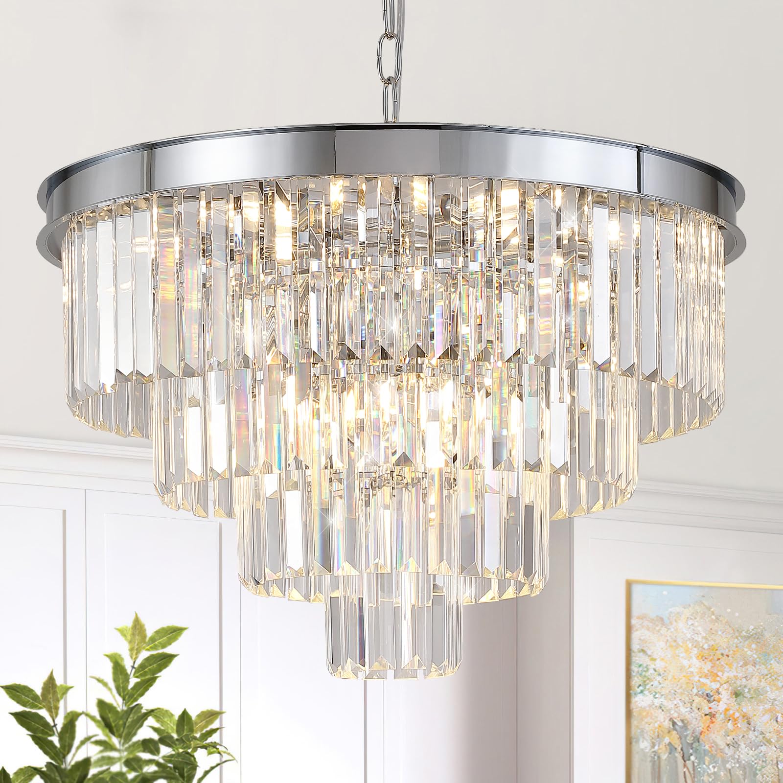 A AXILIXI Chrome Crystal Chandelier 24” Modern Chandelier for Dining Room Round Ceiling Pendant Light Fixture 4 Tiers 12 Lights Luxury Large Chandelier for Entryway Living Room Bedroom