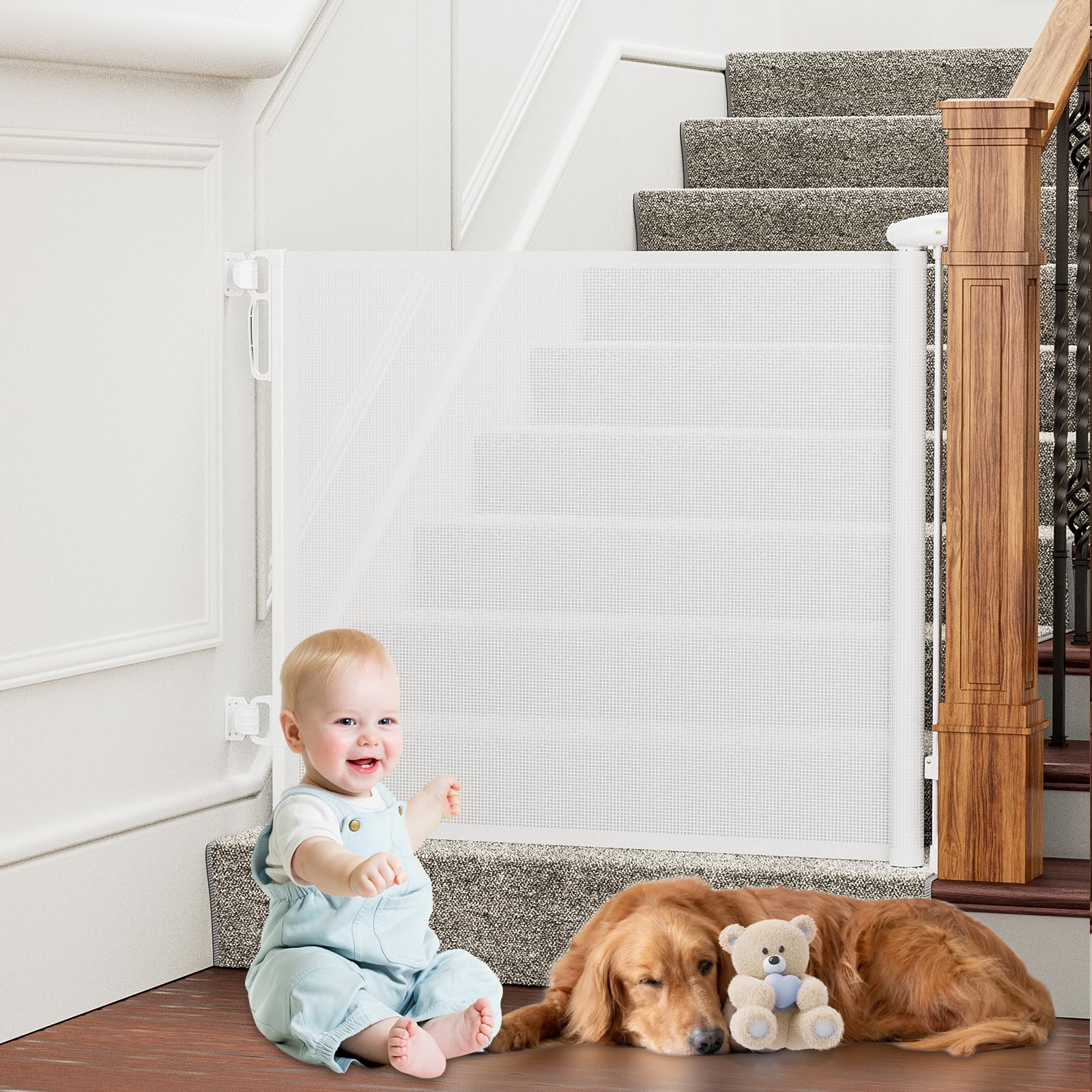 Retractable Baby Gates No Drilling, PRObebi Retractable Dog Gate for The House Extends to 55" Wide 34" Tall, Gates for Baby Indoor, Stair Gate for Outdoor, Staris, Hallways, Doorways, Deck, Porch